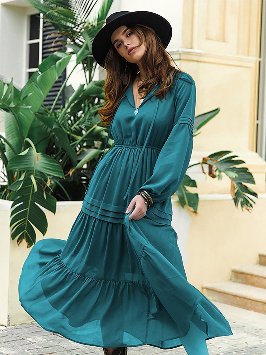 Beach Rose Co. - Tie Neck Long Sleeve Tiered Midi Dress