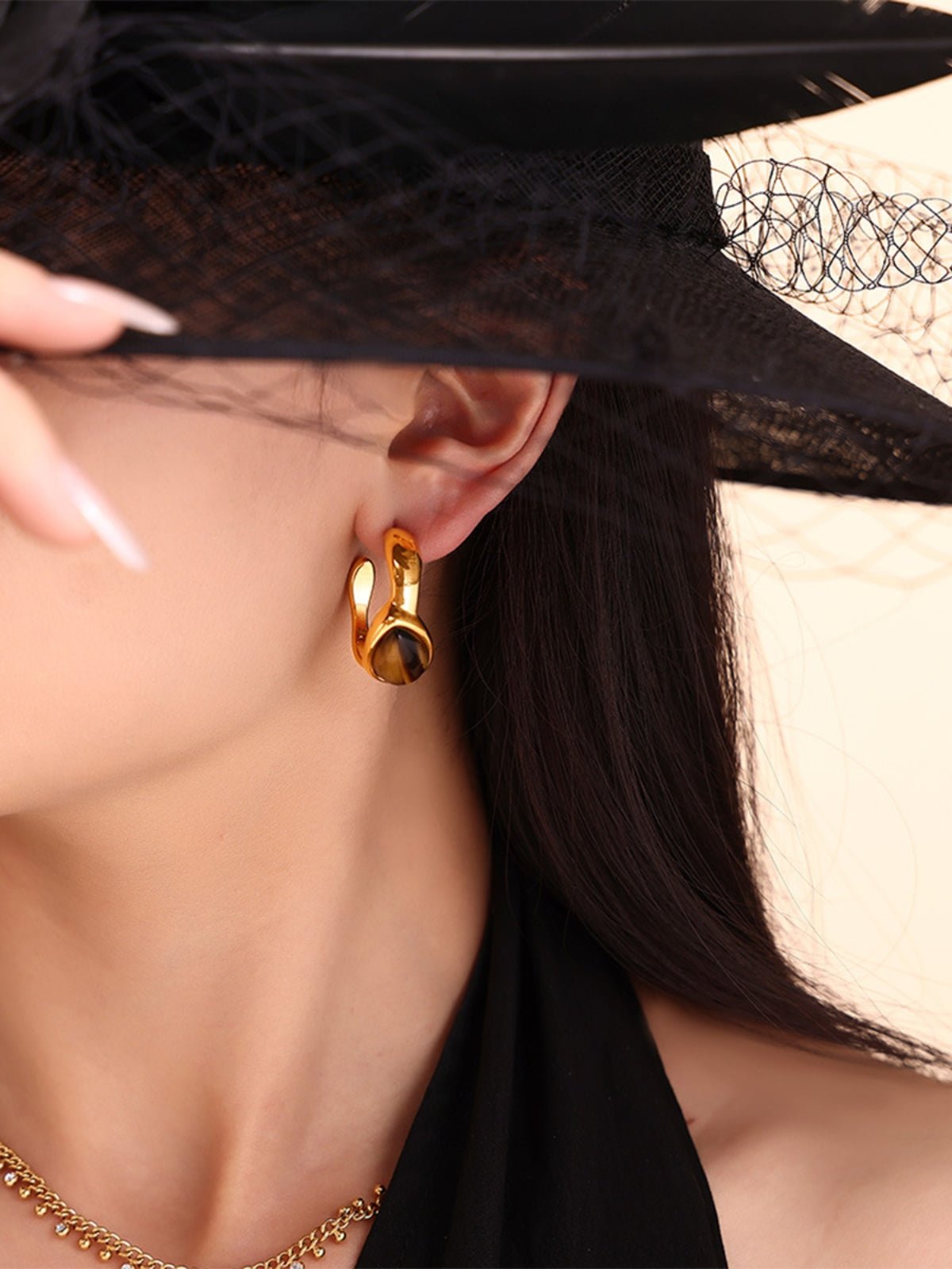 Beach Rose Co. - Tiger's Eye Ring & C - Hoop Earrings Set