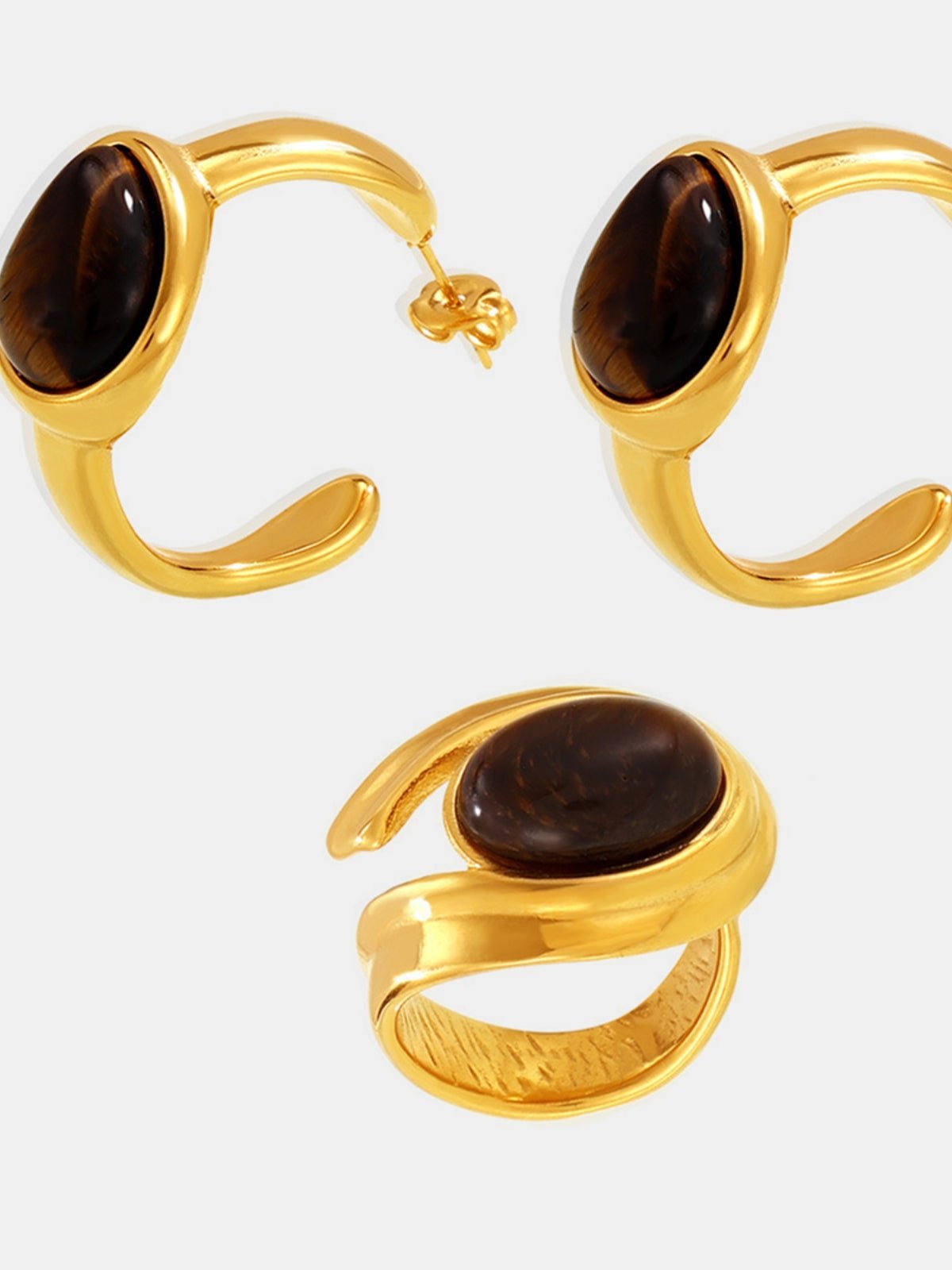 Beach Rose Co. - Tiger's Eye Ring & C - Hoop Earrings Set