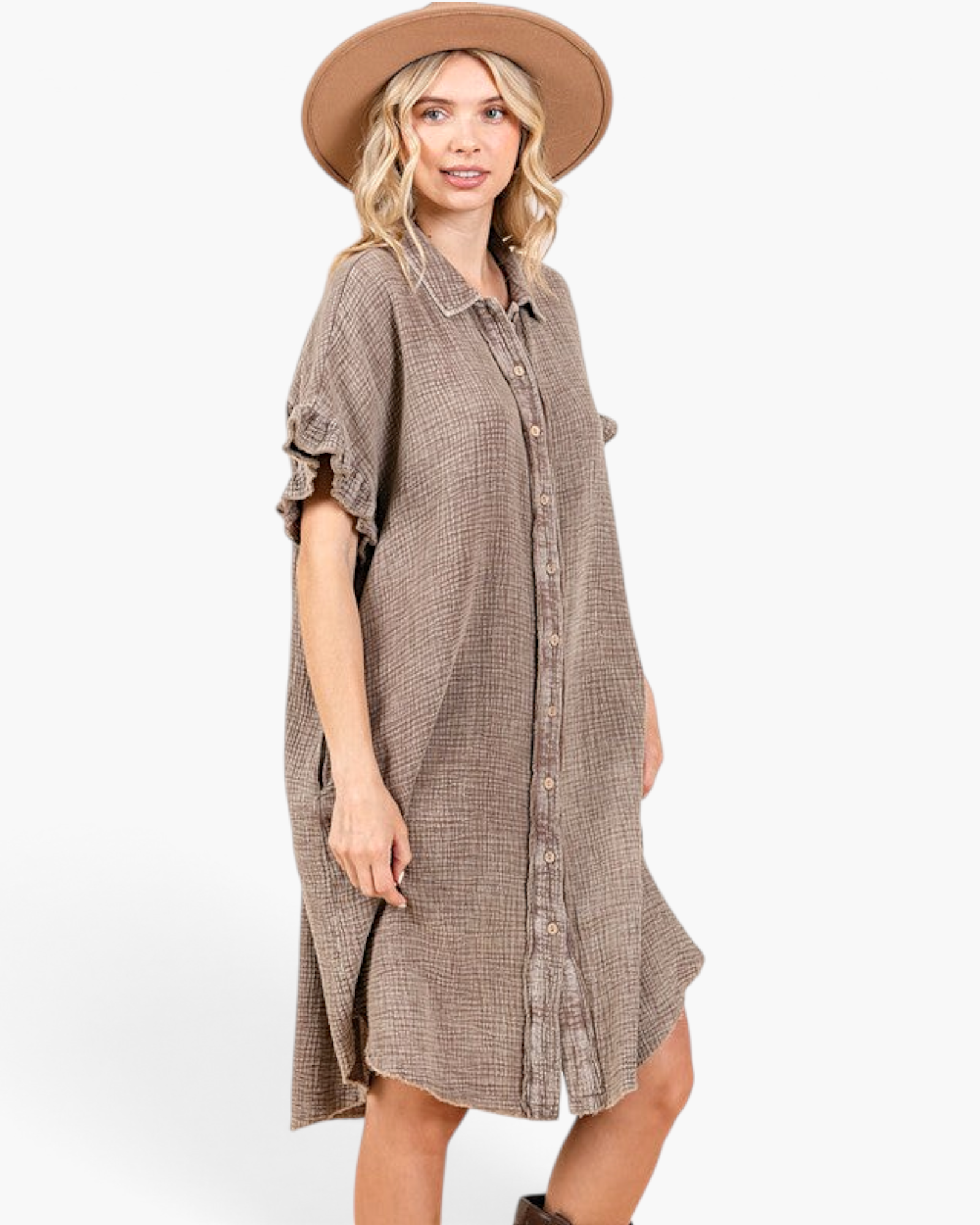 Beach Rose Co. toffee cotton gauze shirt dress with ruffle sleeves, button-front, and hat on a model