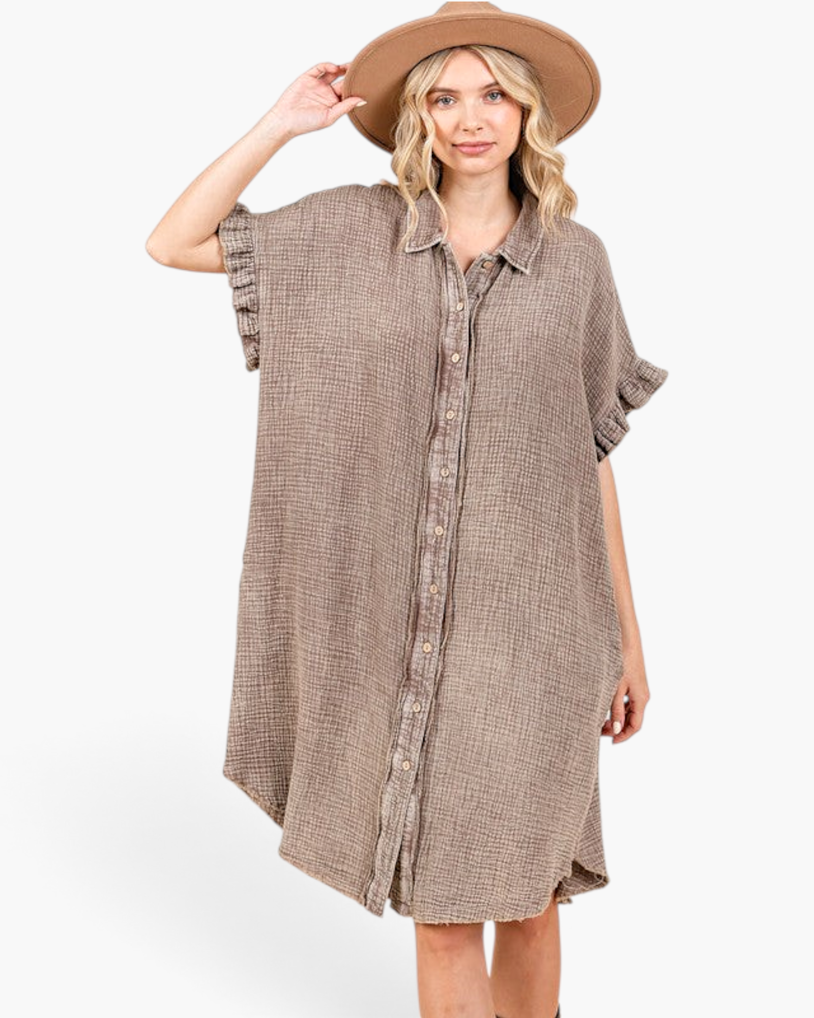 Beach Rose Co. toffee cotton gauze shirt dress with ruffle sleeves, button-front, and oversized fit on a model.