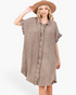 Beach Rose Co. toffee cotton gauze shirt dress with ruffle sleeves, button-front, and oversized fit on a model.
