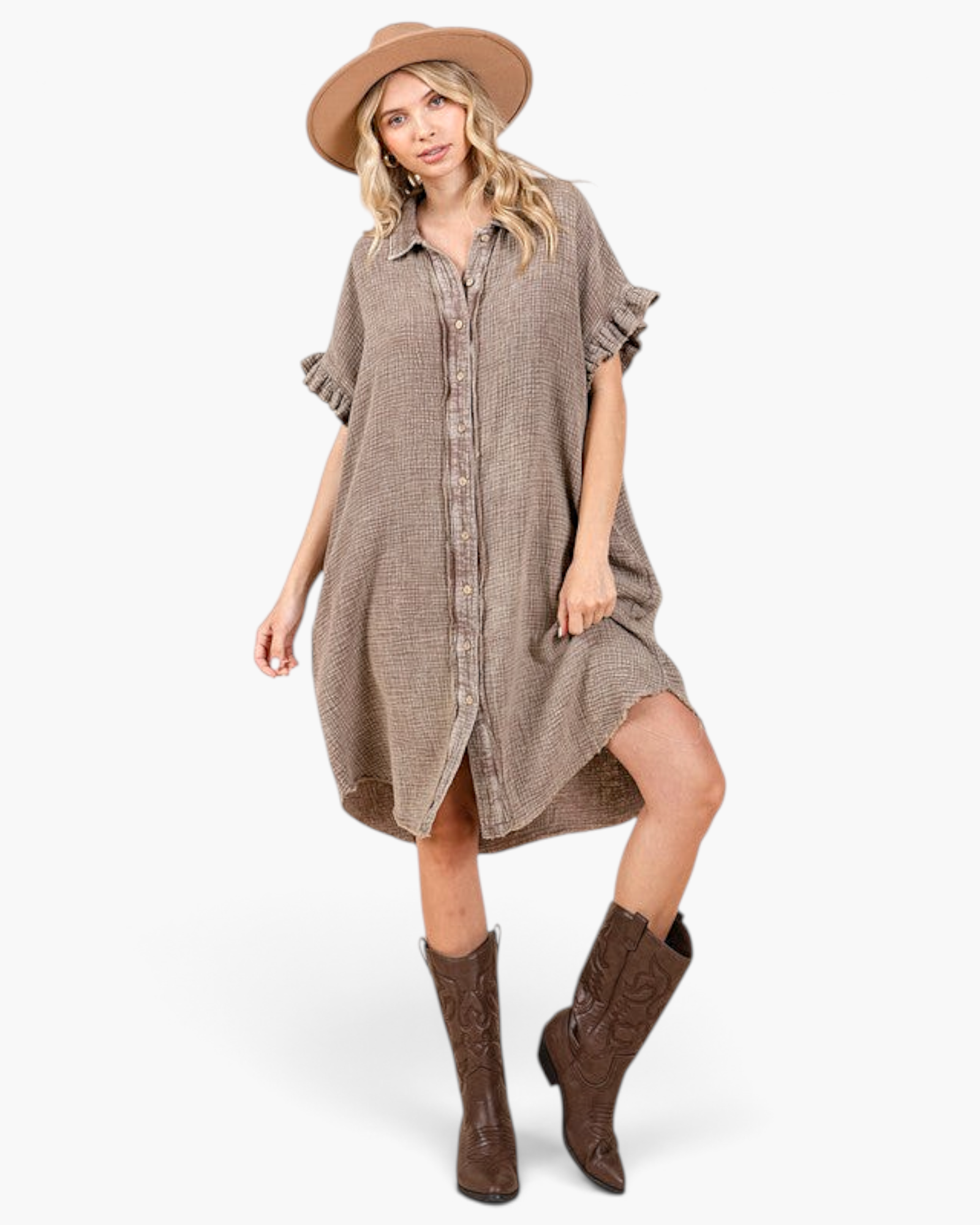 Beach Rose Co. toffee cotton gauze shirt dress with ruffle sleeves, button-front, and high-low hem on a model.