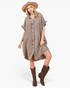 Beach Rose Co. toffee cotton gauze shirt dress with ruffle sleeves, button-front, and high-low hem on a model.