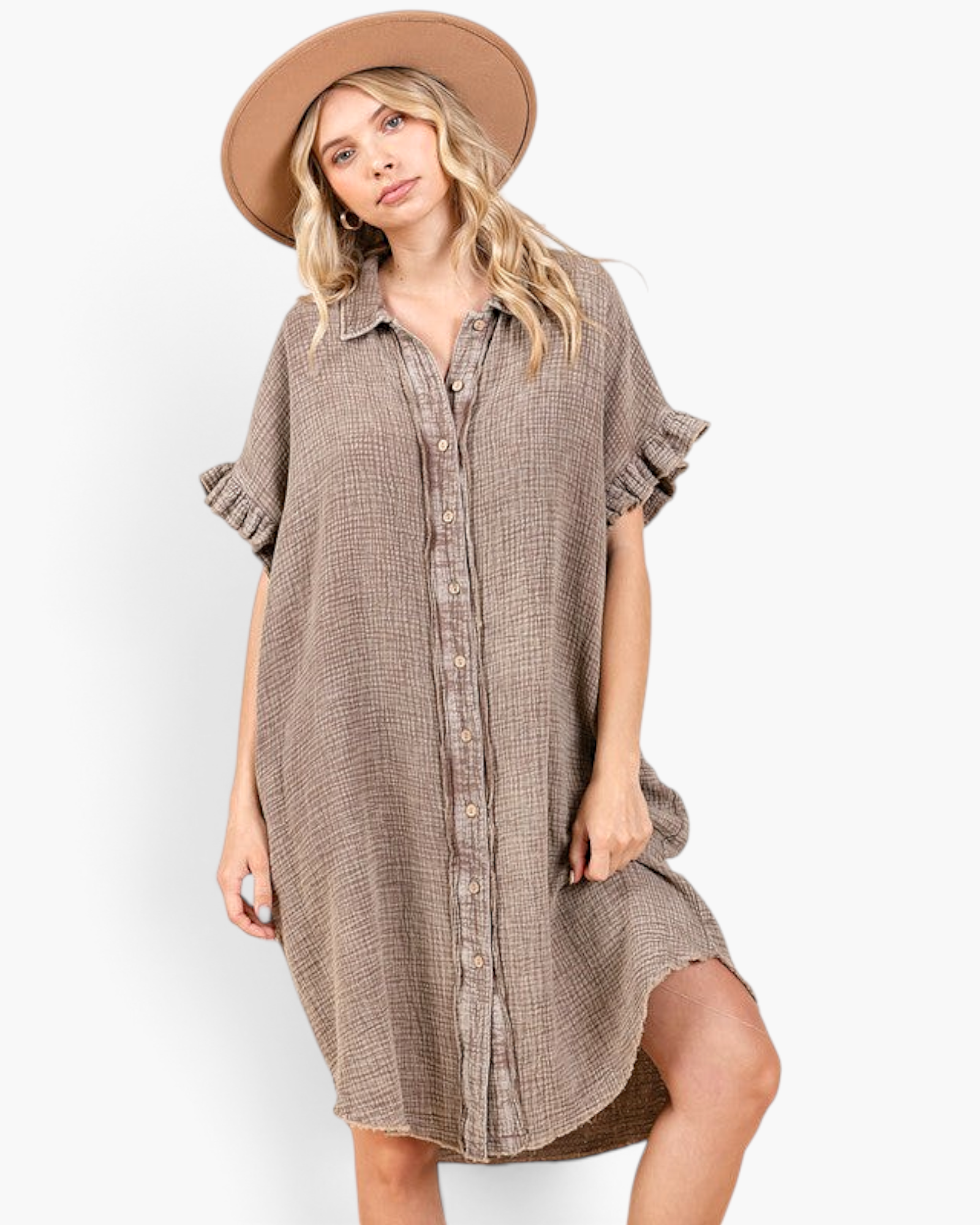 Beach Rose Co. toffee cotton gauze shirt dress with ruffle sleeves, button-front, and oversized fit on a model.