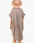 Beach Rose Co. toffee cotton gauze shirt dress with ruffle sleeves, pleated back, and high-low hem, back view.
