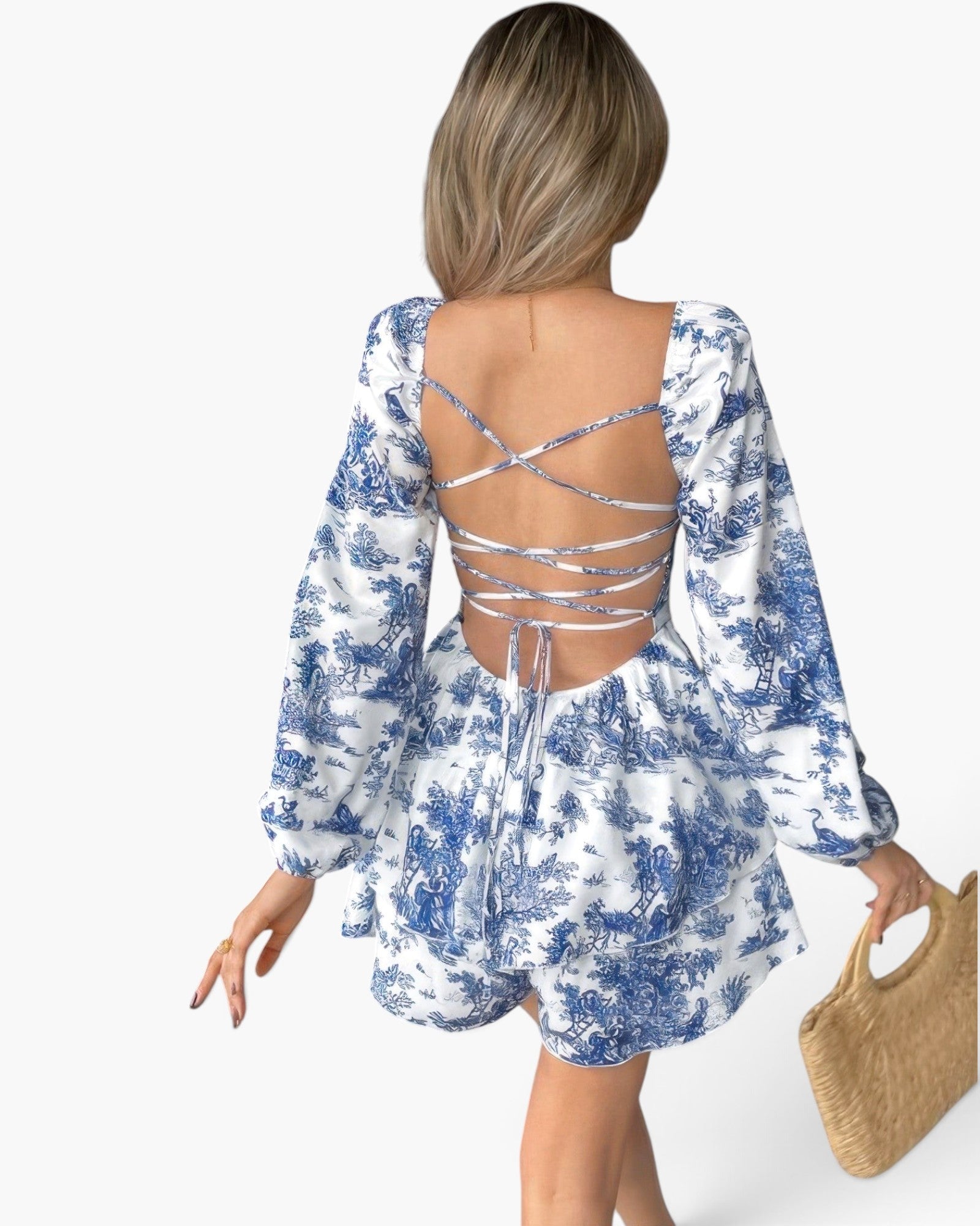 Blue Toile-Print Lace-Up Romper