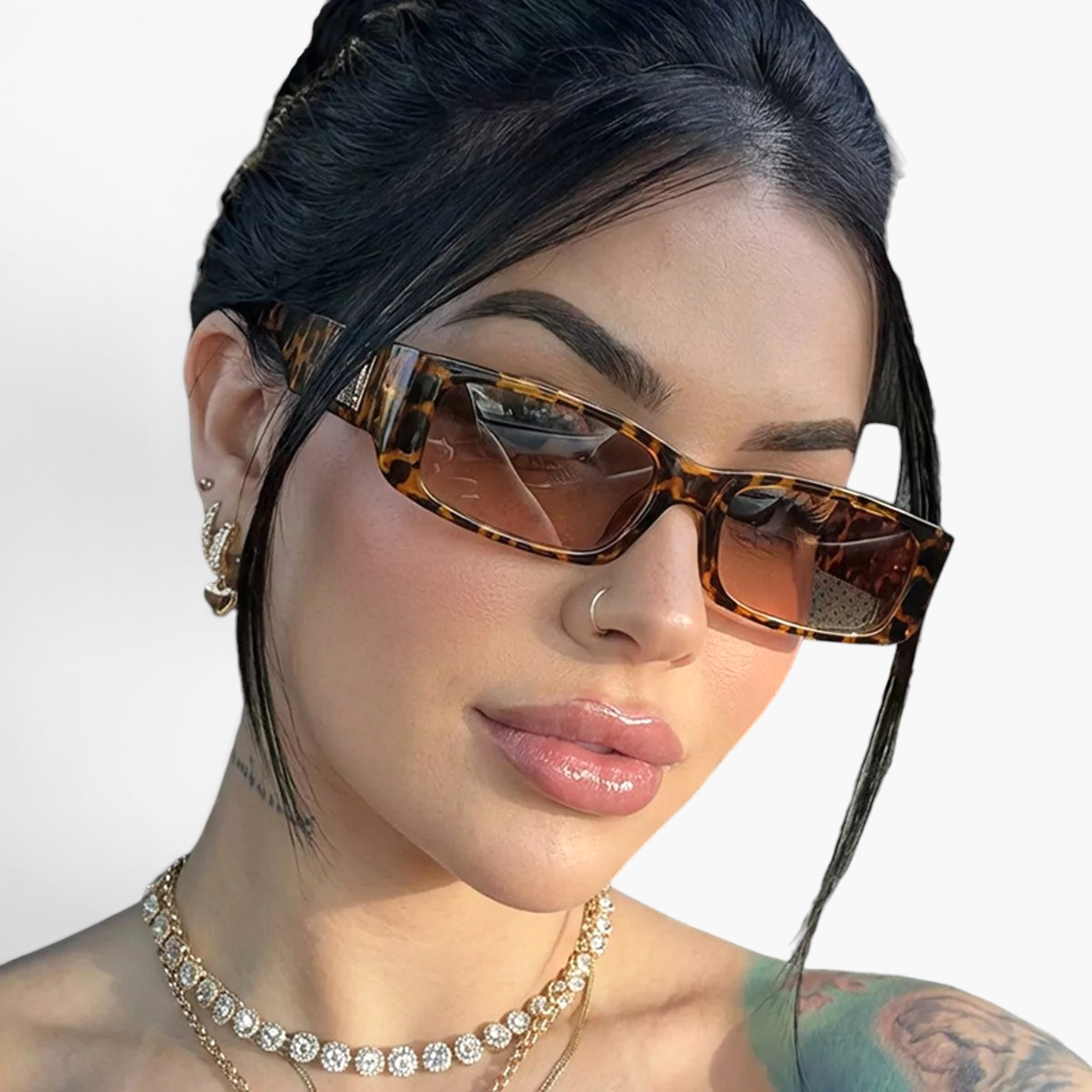 Beach Rose Co. retro rectangular sunglasses with tortoise shell frames and gold temple accents on a woman