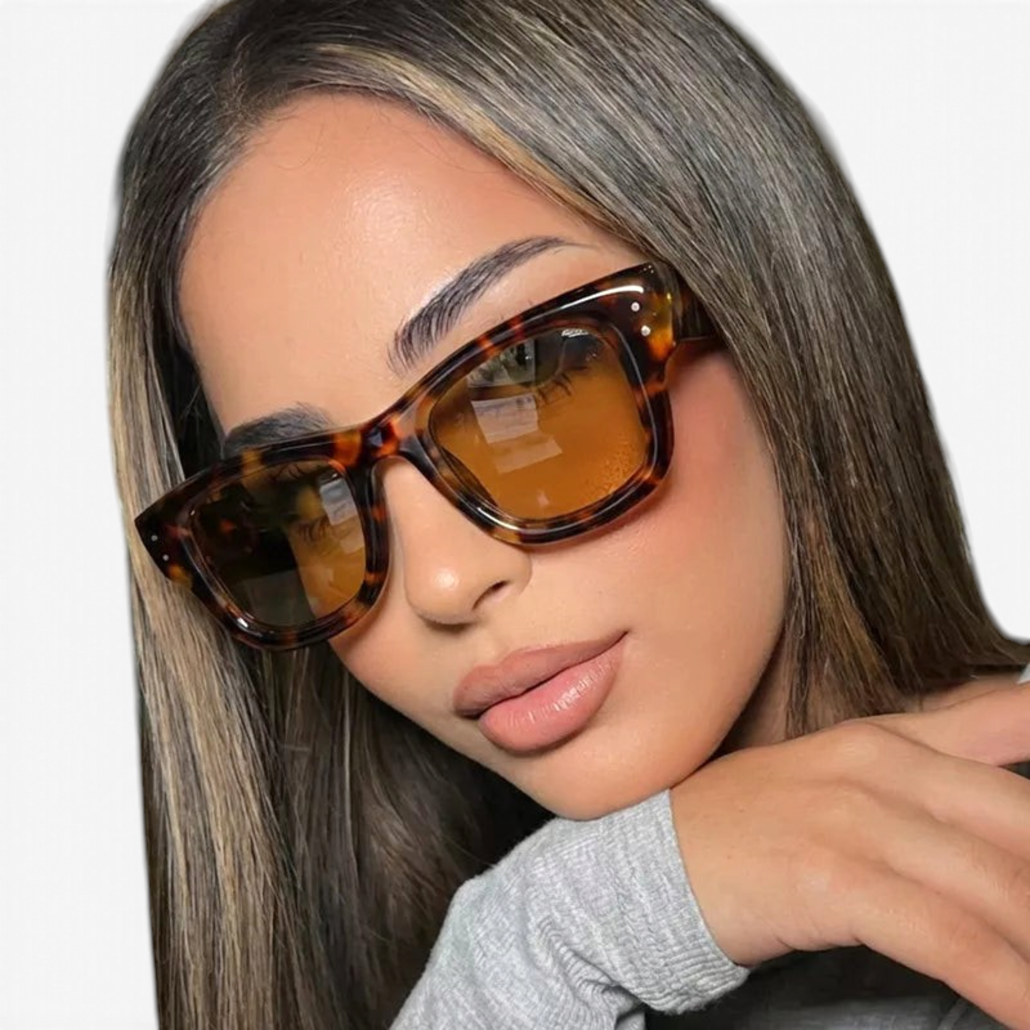 Beach Rose Co. oversized angular sunglasses with a tortoiseshell frame and gradient lenses worn by a woman.
