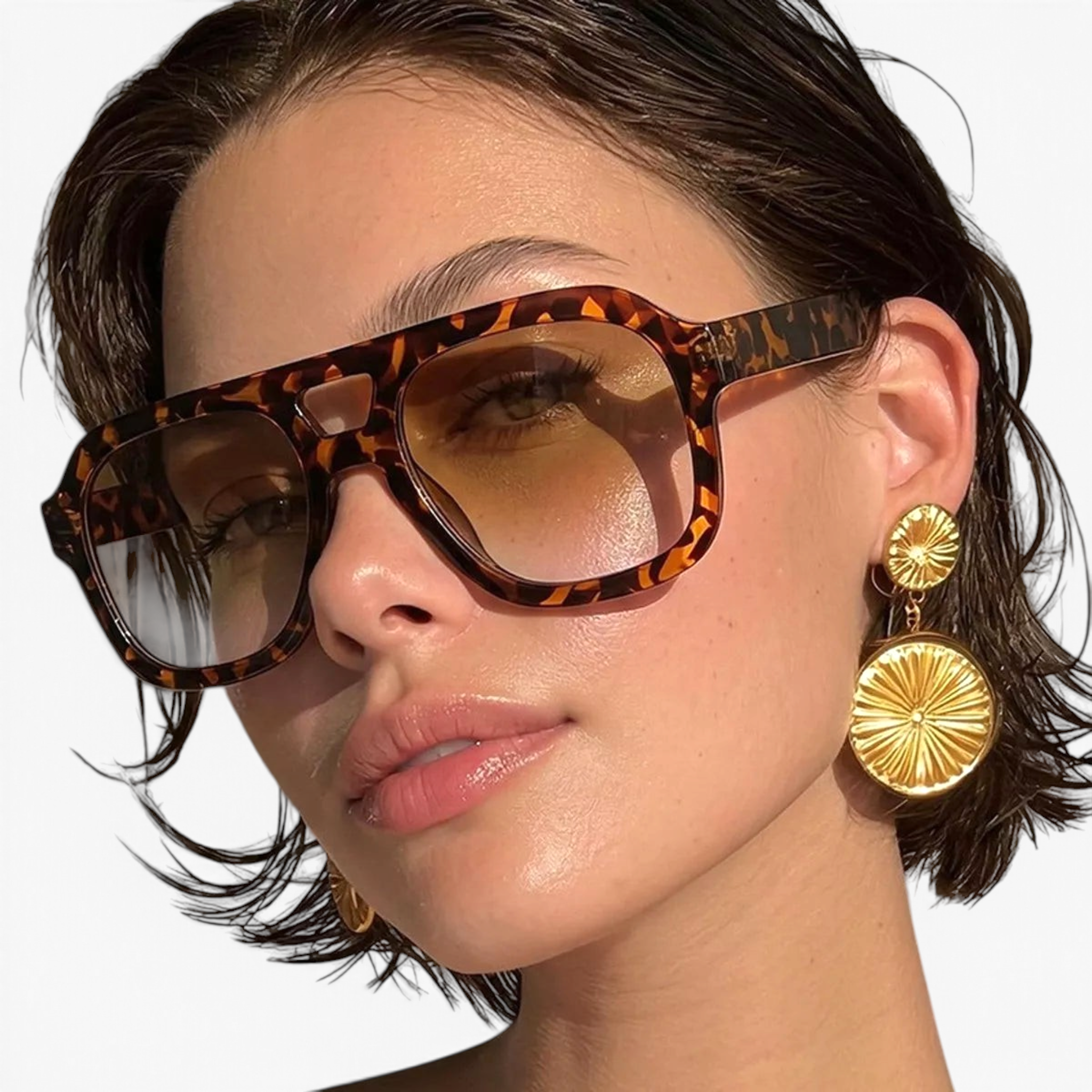 Beach Rose Co. oversized square aviator sunglasses in tortoise shell pattern with tinted lenses on a woman