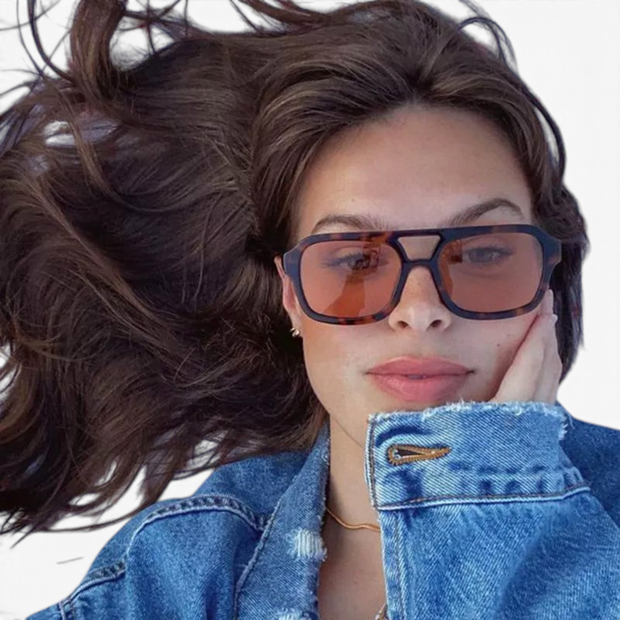 Beach Rose Co. vintage square sunglasses with a tortoiseshell double-bridge frame worn by a woman in a denim jacket.