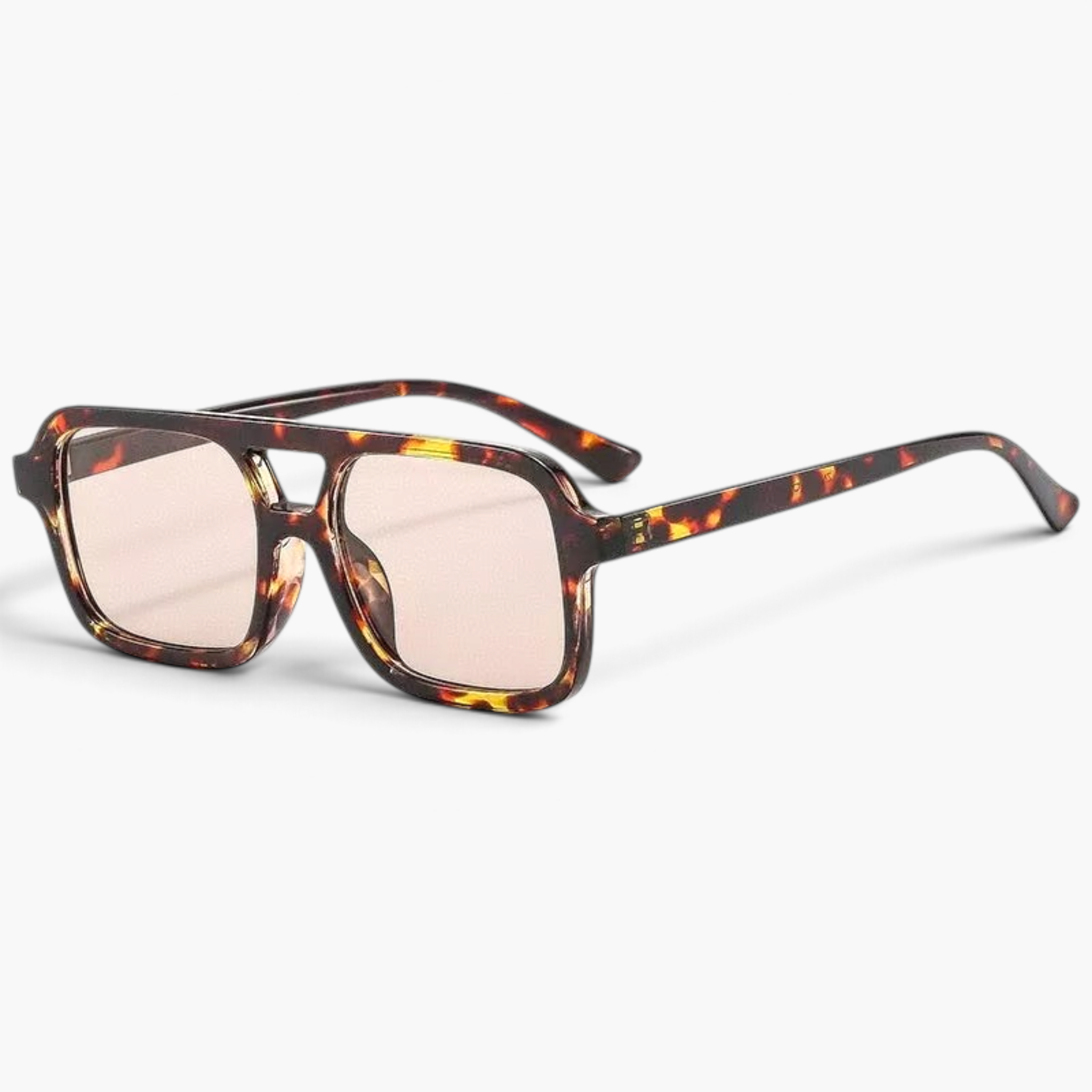 Beach Rose Co. vintage square sunglasses with a tortoiseshell polycarbonate frame and light pink UV400 lenses.