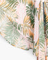 Beach Rose Co. green tropical palm print kimono in lightweight semi-sheer polyester with a draped pointed hem.