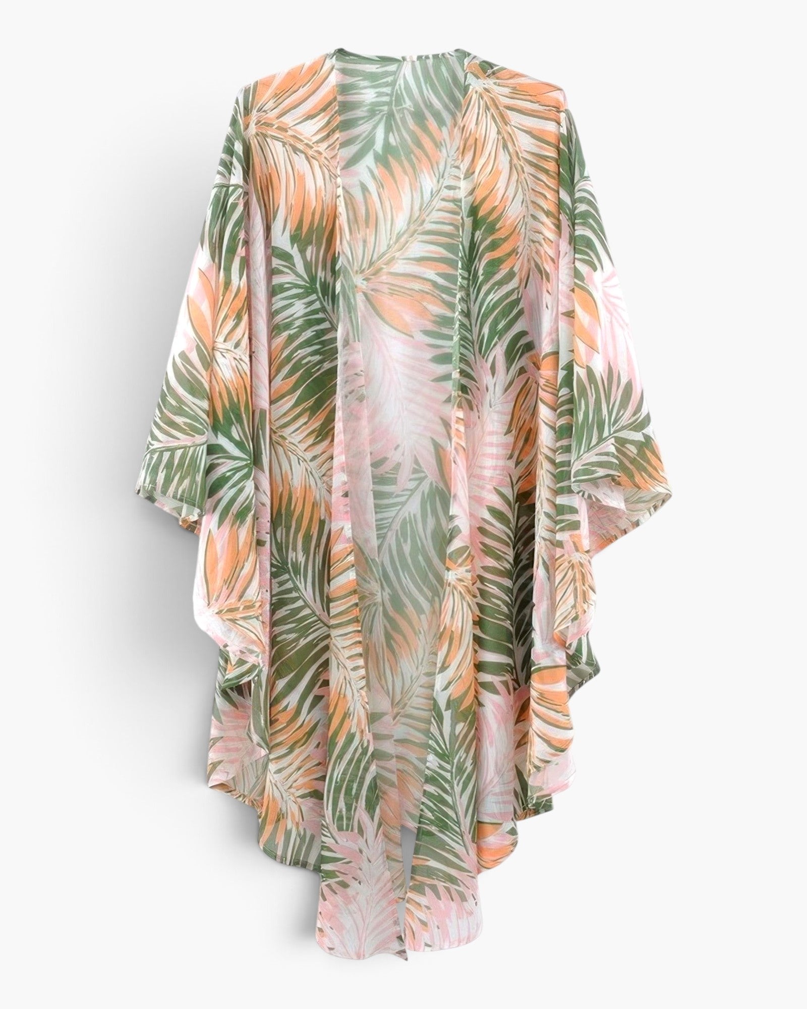 Beach Rose Co. green and peach tropical palm print kimono with an open-front design and lightweight draped silhouette.