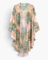 Beach Rose Co. green and peach tropical palm print kimono with an open-front design and lightweight draped silhouette.