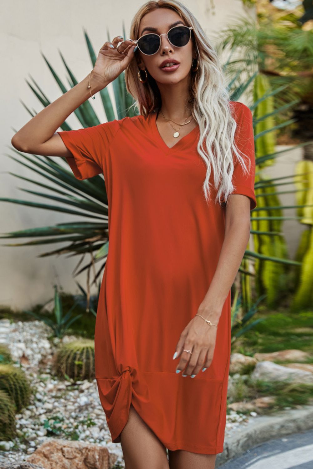 Beach Rose Co. - Twisted Hem V - Neck Short Sleeve Mini T-Shirt Dress