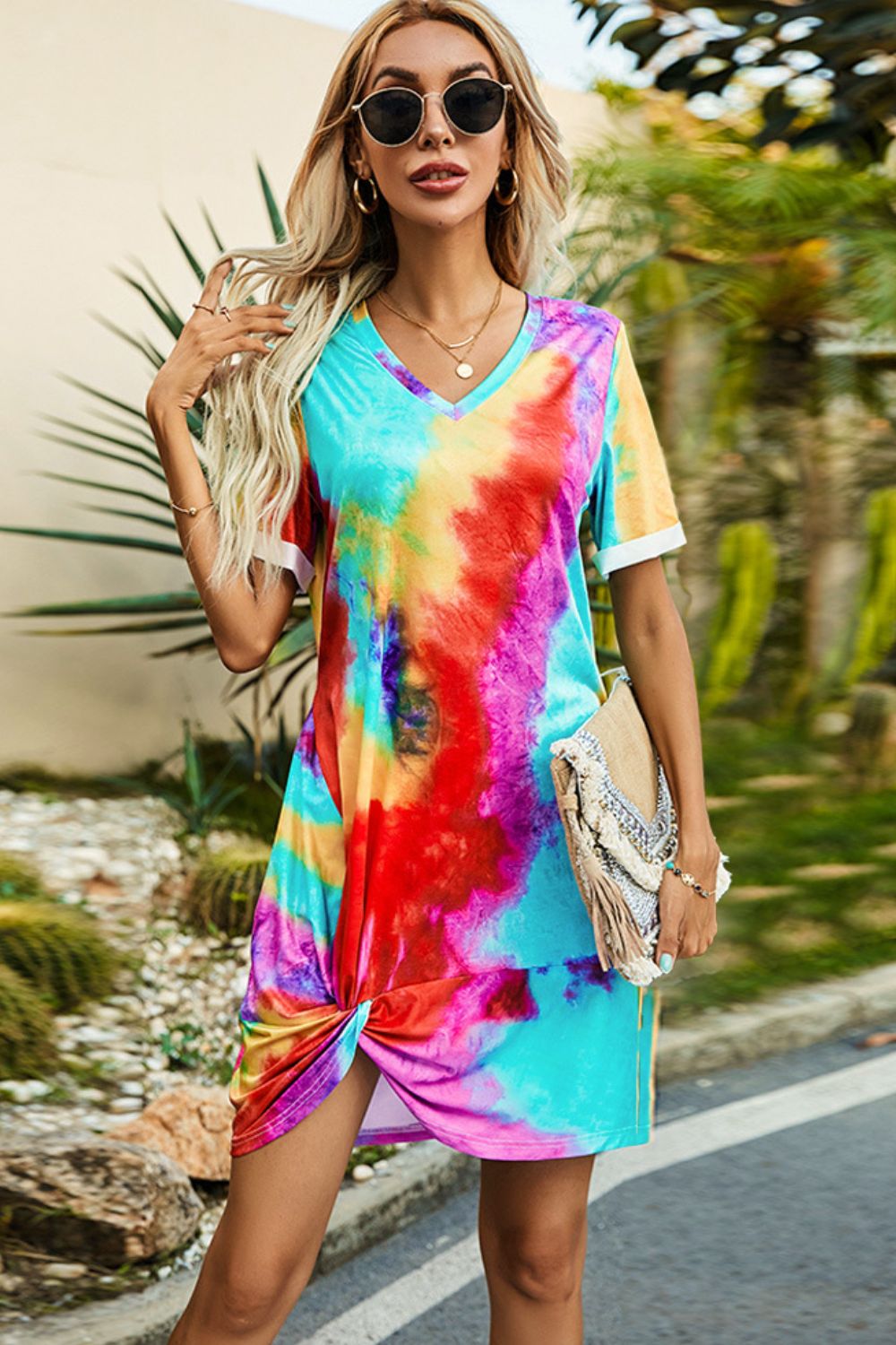 Beach Rose Co. - Twisted Hem V - Neck Short Sleeve Mini T-Shirt Dress