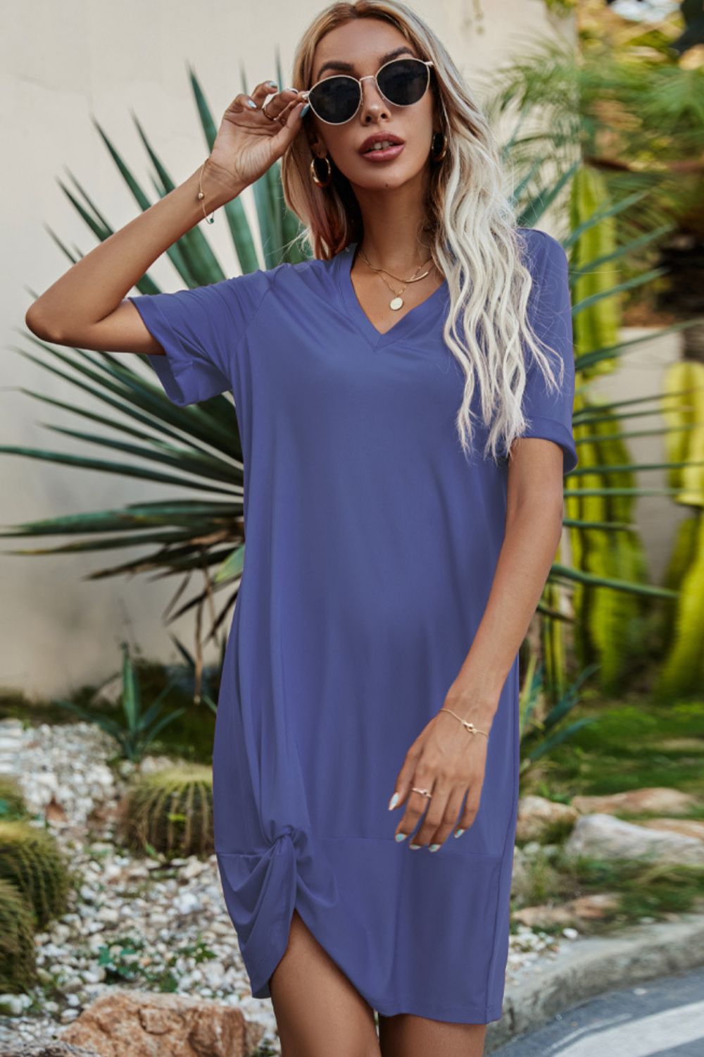 Beach Rose Co. - Twisted Hem V - Neck Short Sleeve Mini T-Shirt Dress