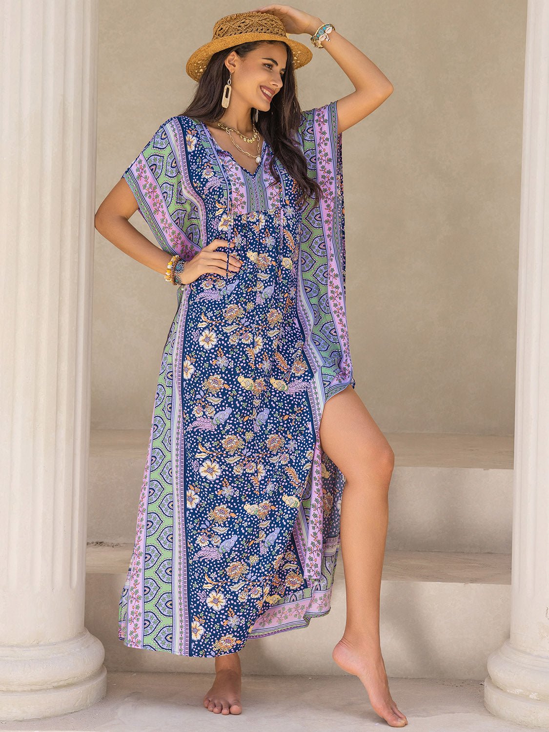 Beach Rose Co. - V - Neck Floral Maxi Caftan Dress in Peacock Blue