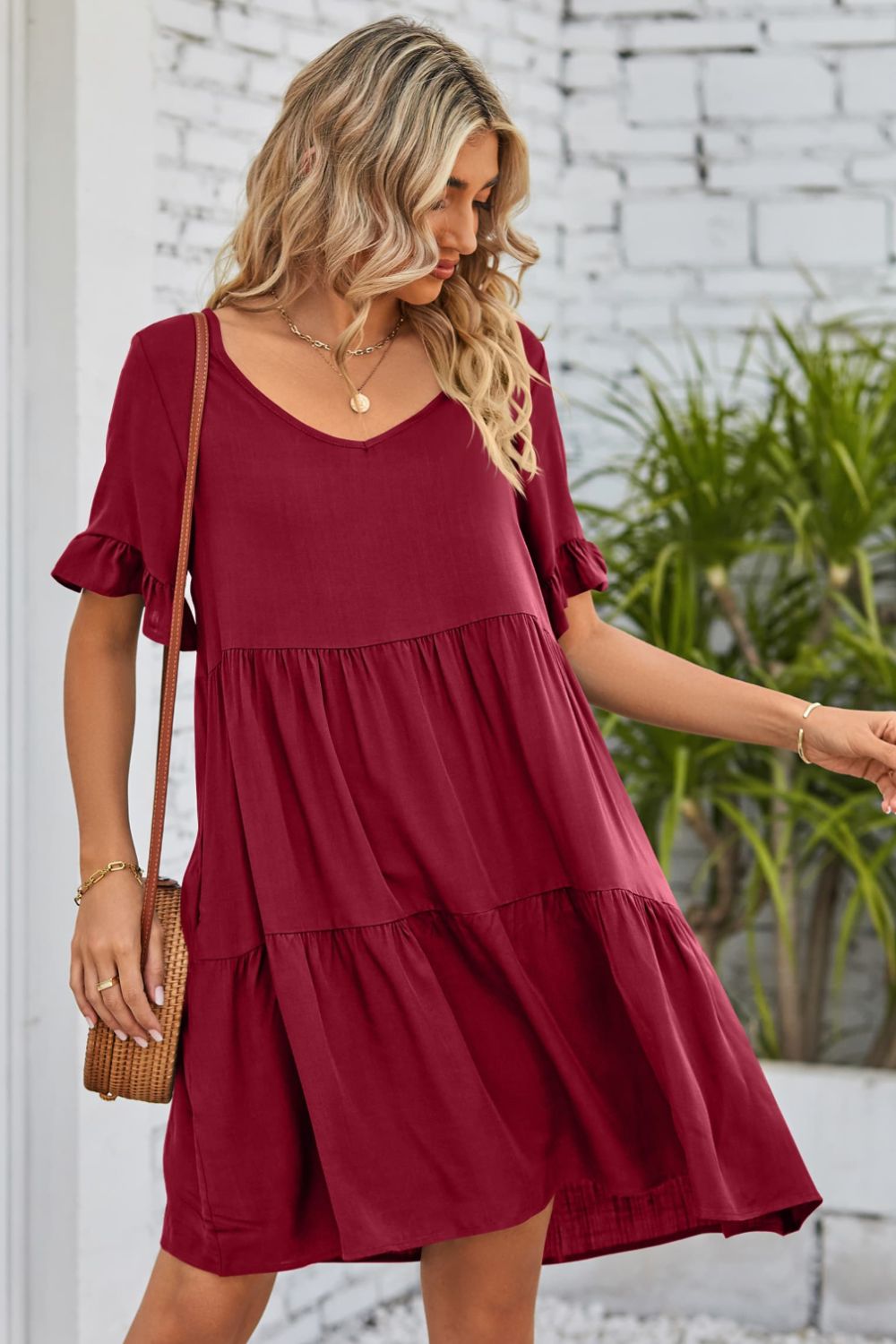 Beach Rose Co. - V - Neck Flounce Sleeve Tiered Knee - Length Dress