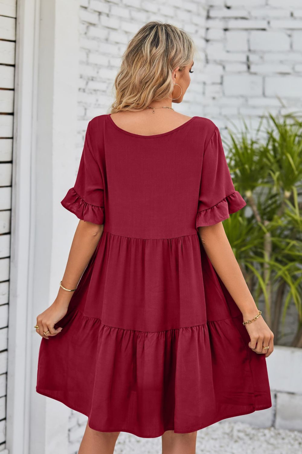 Beach Rose Co. - V - Neck Flounce Sleeve Tiered Knee - Length Dress