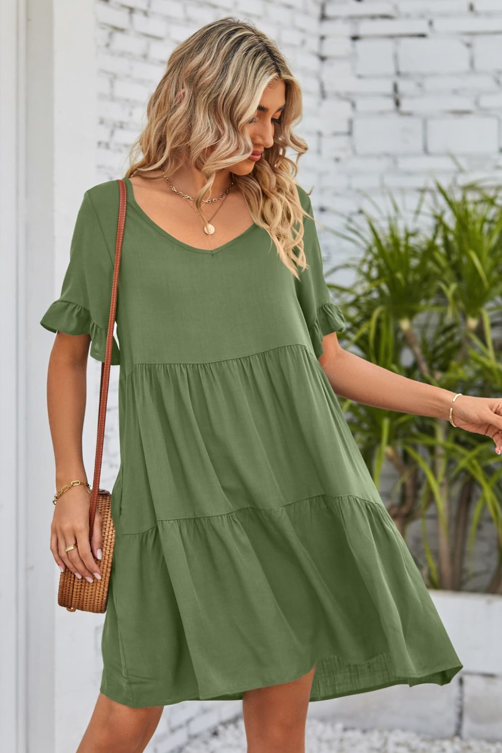 Beach Rose Co. - V - Neck Flounce Sleeve Tiered Knee - Length Dress