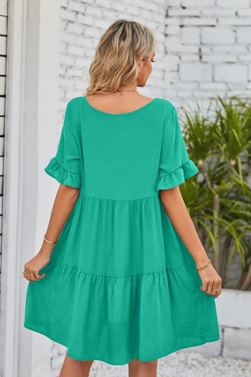 Beach Rose Co. - V - Neck Flounce Sleeve Tiered Knee - Length Dress