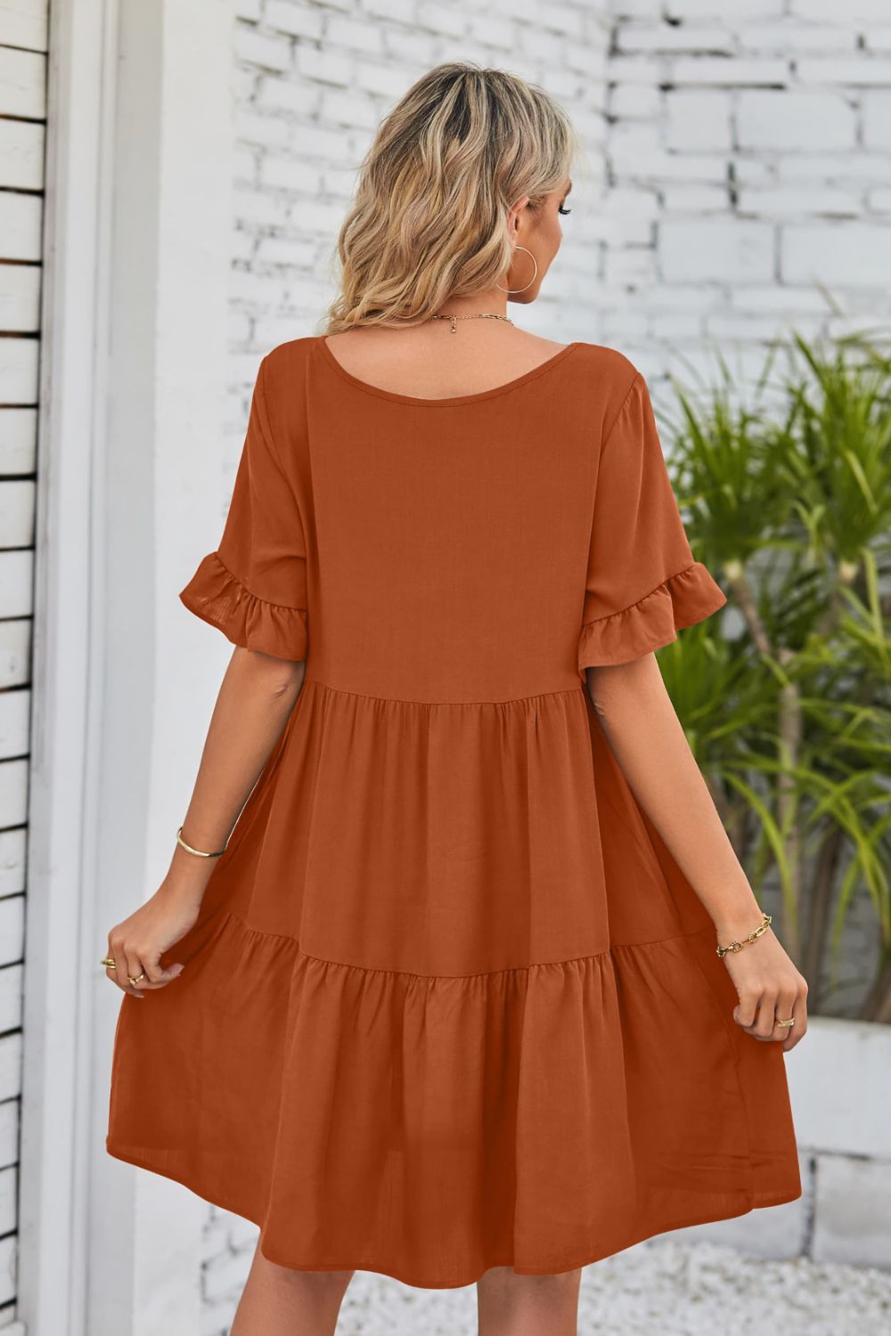 Beach Rose Co. - V - Neck Flounce Sleeve Tiered Knee - Length Dress