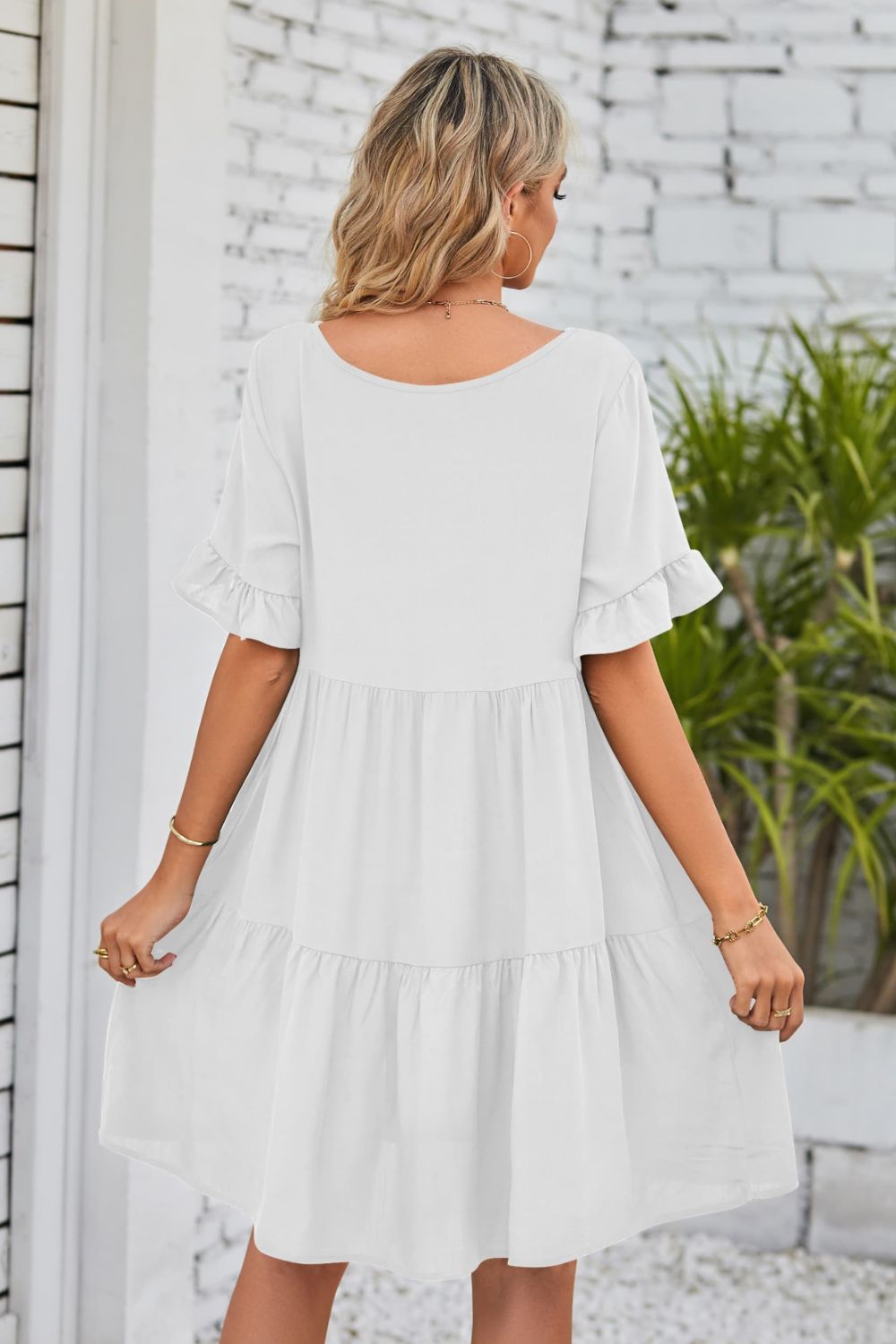 Beach Rose Co. - V - Neck Flounce Sleeve Tiered Knee - Length Dress