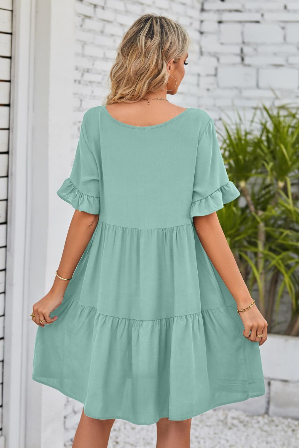 Beach Rose Co. - V - Neck Flounce Sleeve Tiered Knee - Length Dress