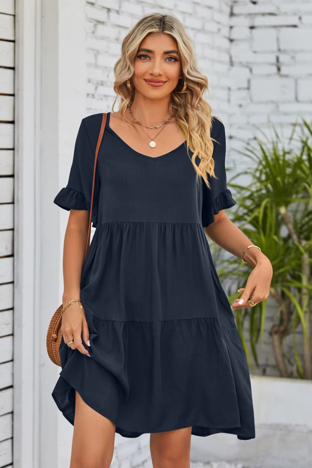 Beach Rose Co. - V - Neck Flounce Sleeve Tiered Knee - Length Dress