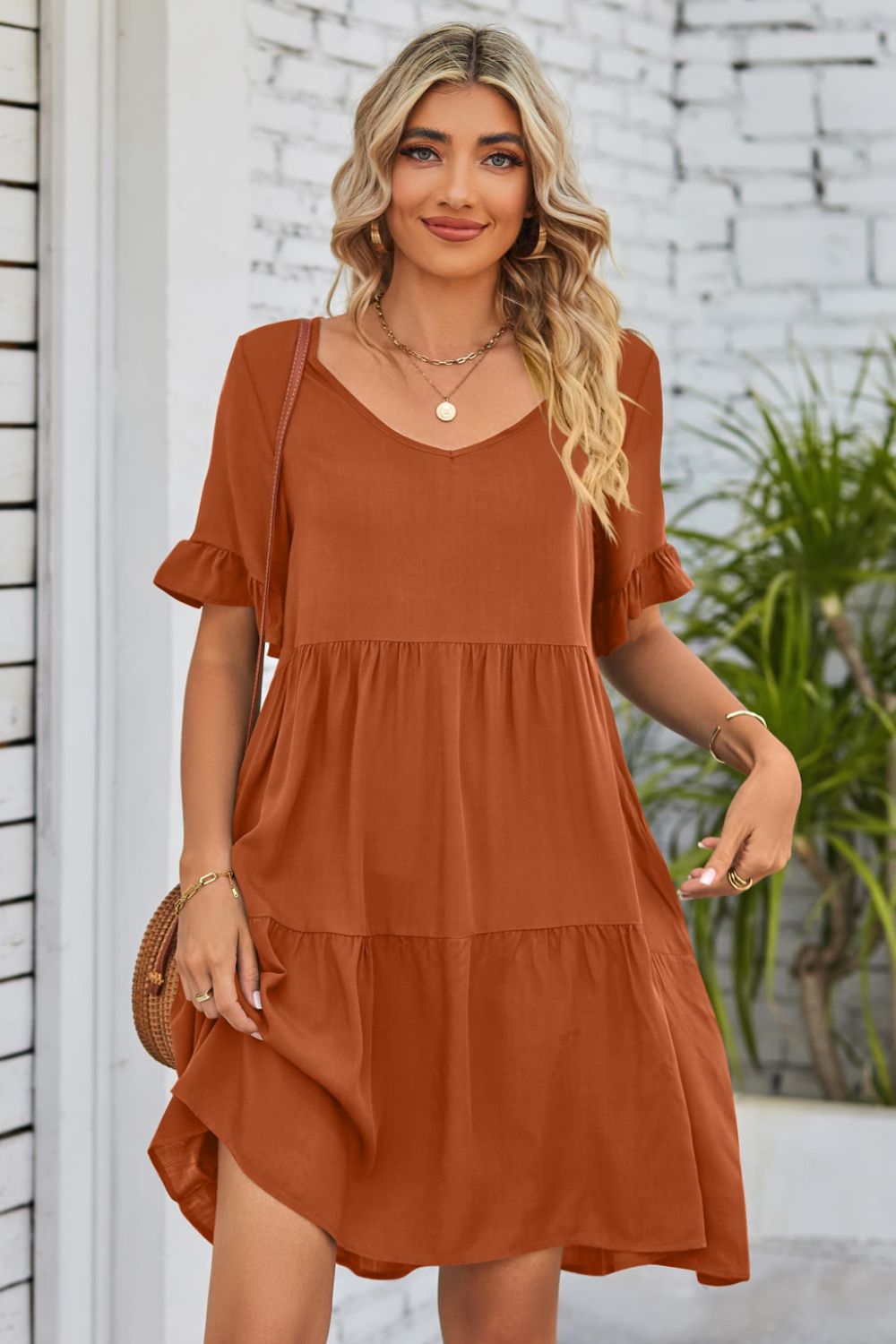 Beach Rose Co. - V - Neck Flounce Sleeve Tiered Knee - Length Dress