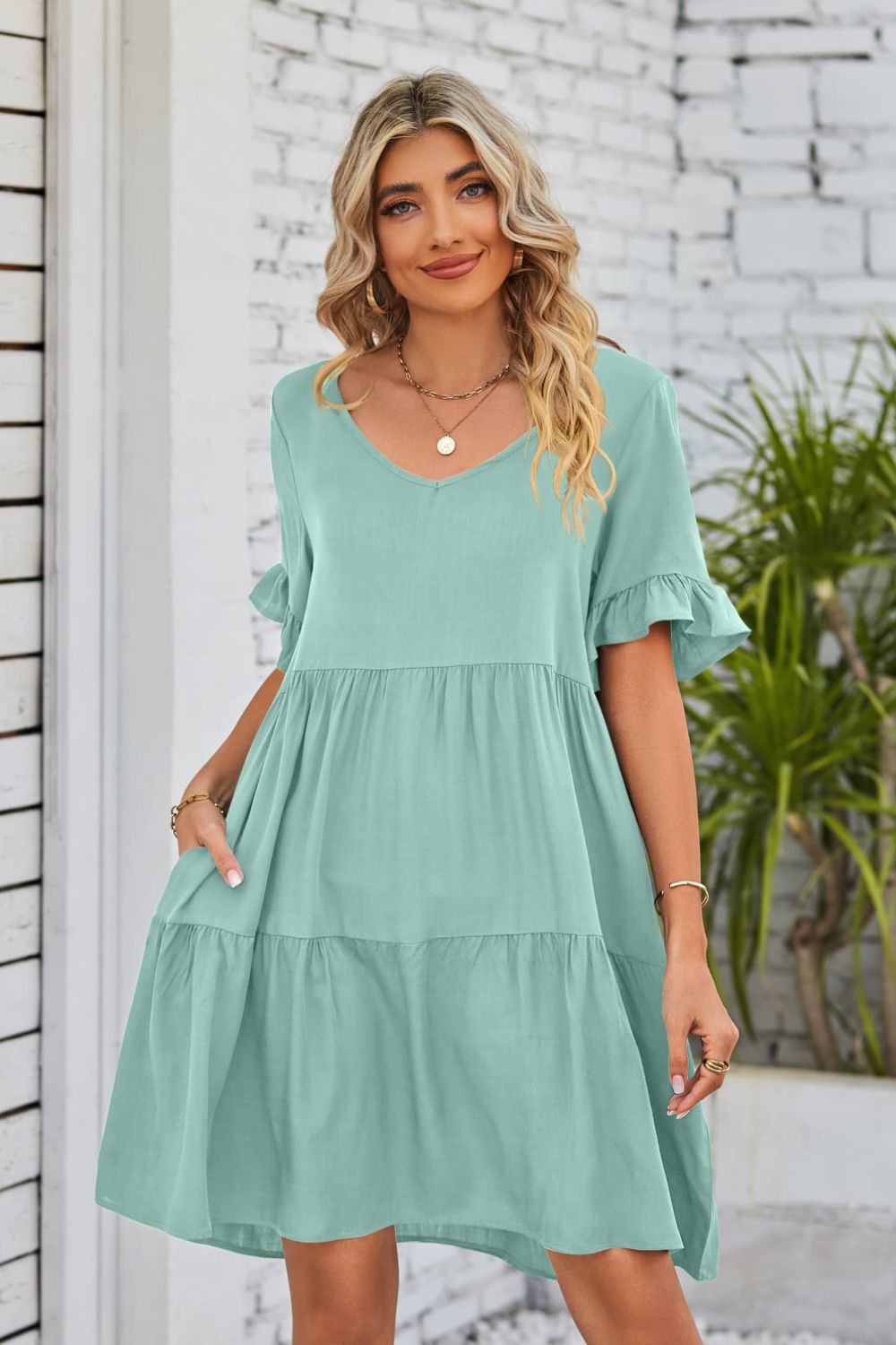 Beach Rose Co. - V - Neck Flounce Sleeve Tiered Knee - Length Dress