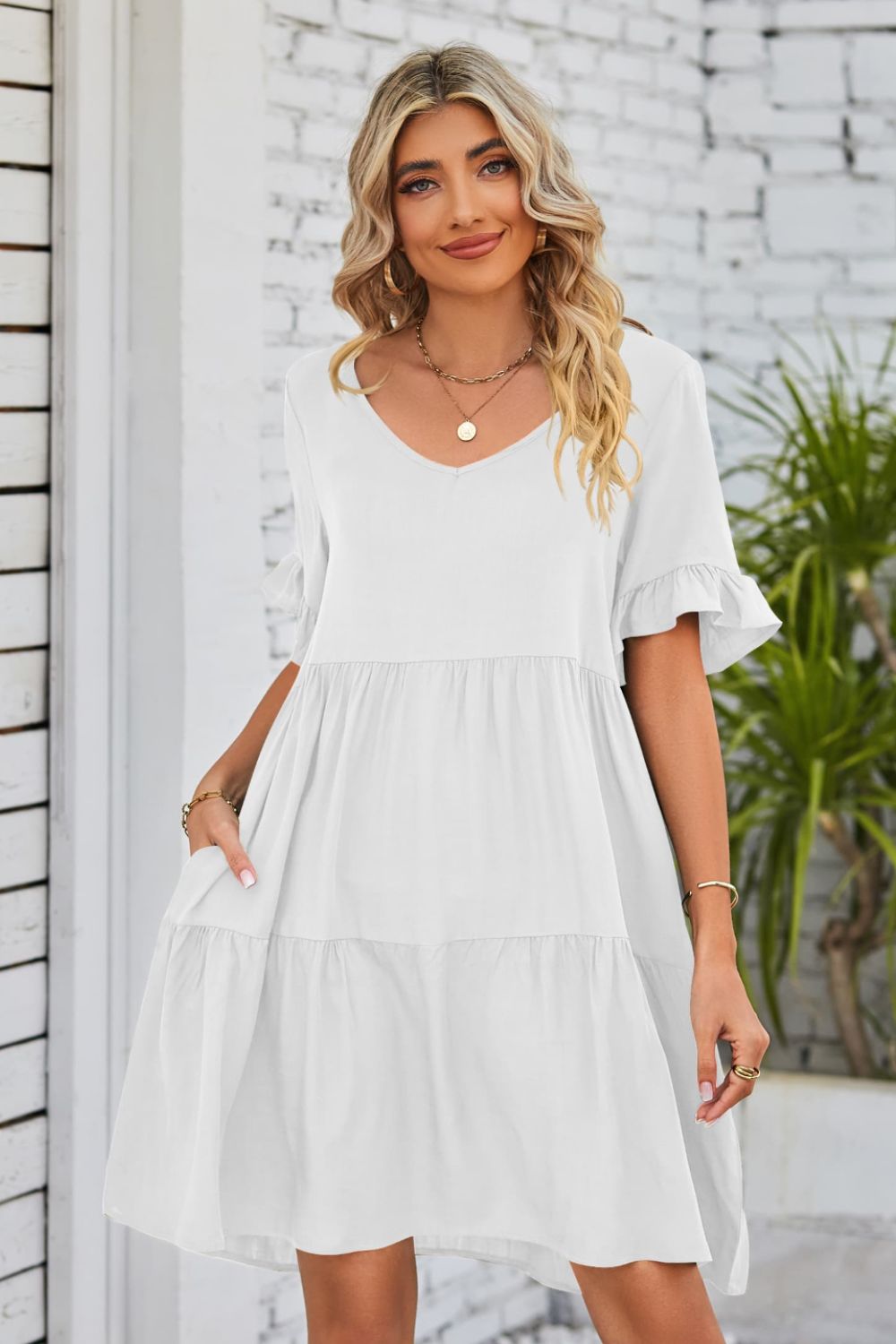 Beach Rose Co. - V - Neck Flounce Sleeve Tiered Knee - Length Dress