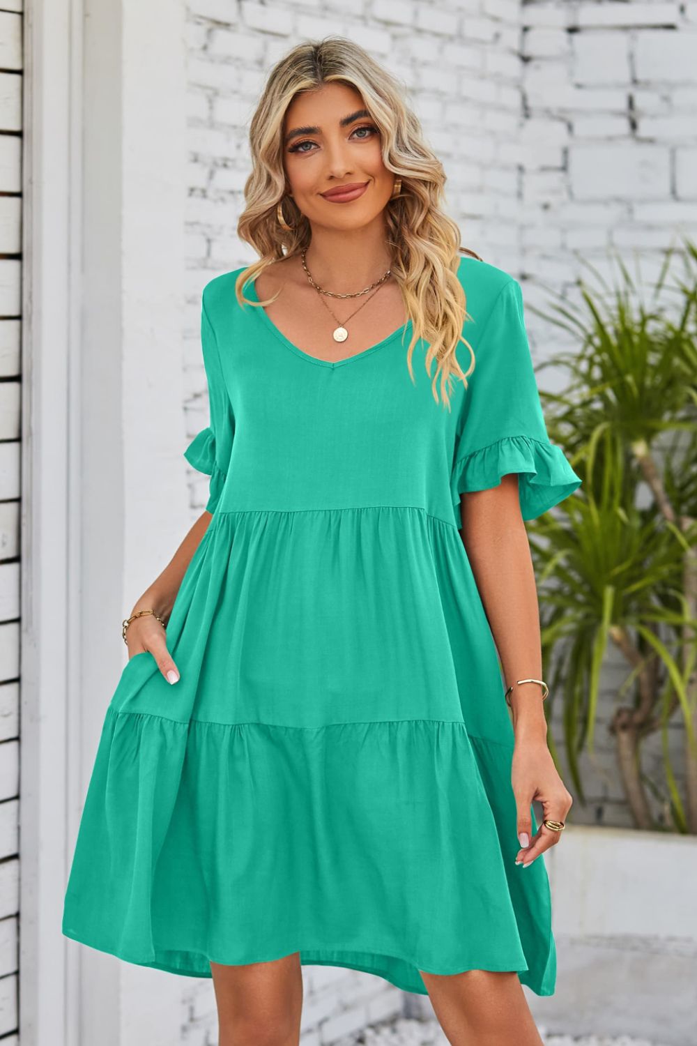 Beach Rose Co. - V - Neck Flounce Sleeve Tiered Knee - Length Dress