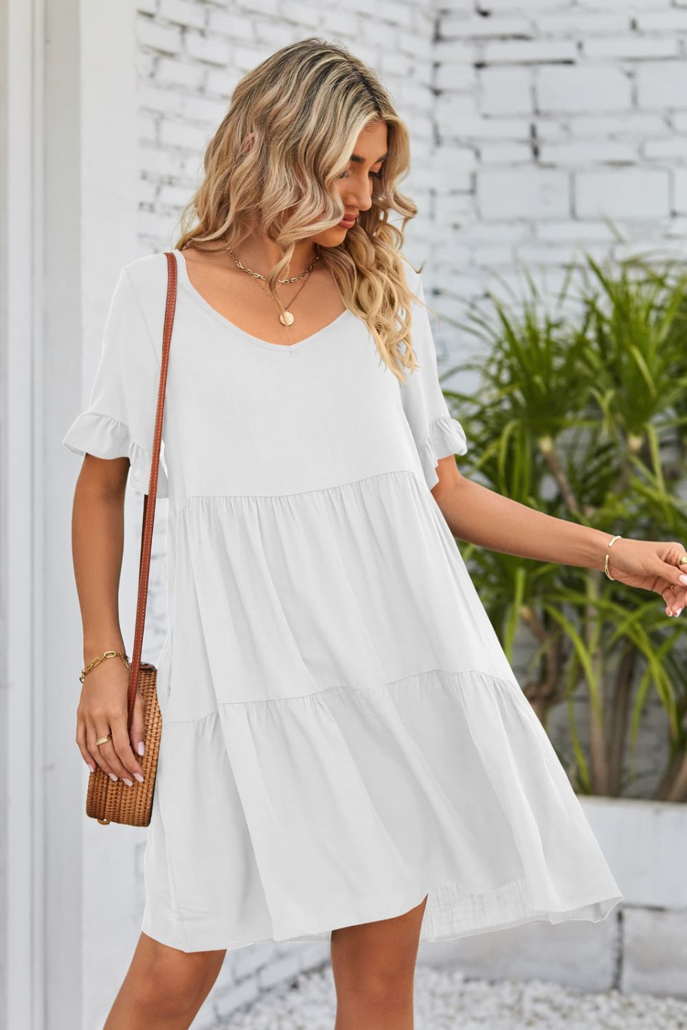 Beach Rose Co. - V - Neck Flounce Sleeve Tiered Knee - Length Dress