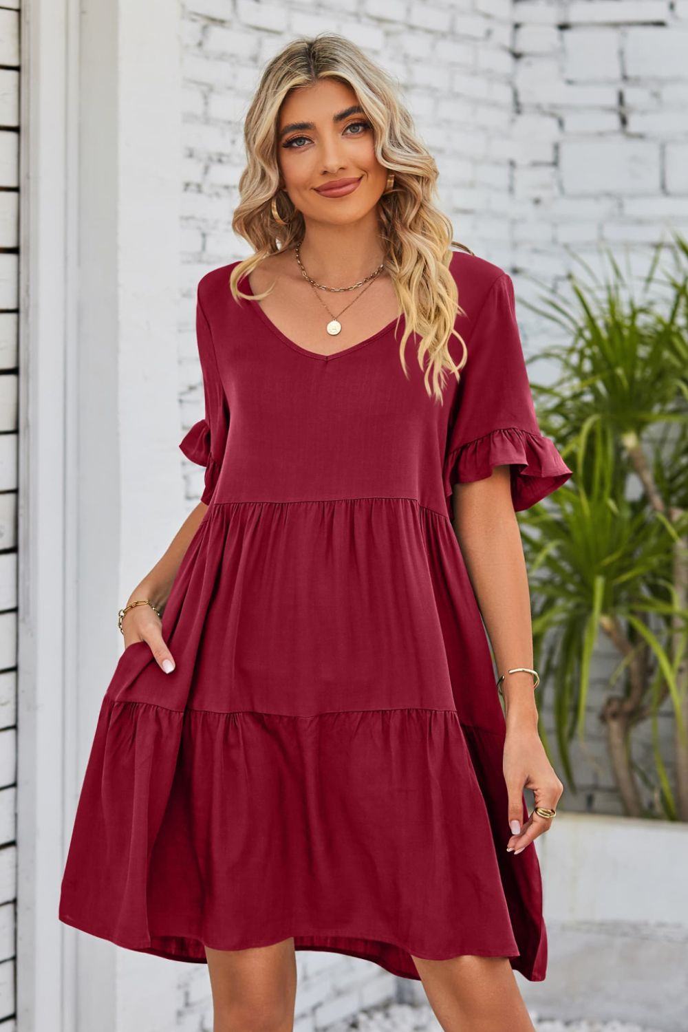 Beach Rose Co. - V - Neck Flounce Sleeve Tiered Knee - Length Dress