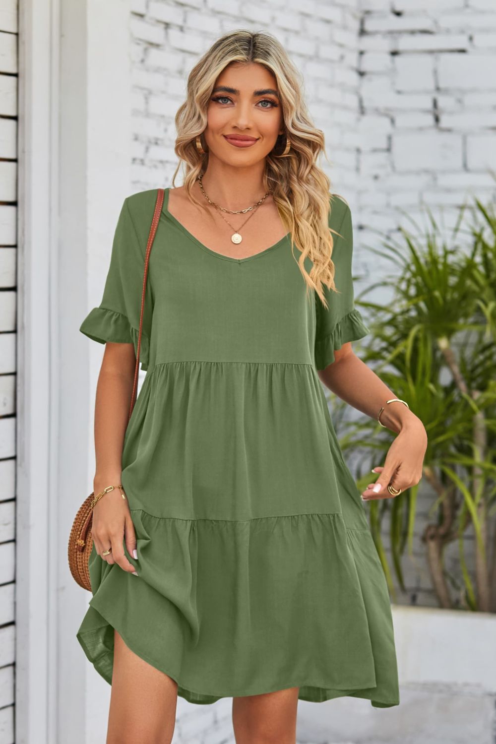 Beach Rose Co. - V - Neck Flounce Sleeve Tiered Knee - Length Dress