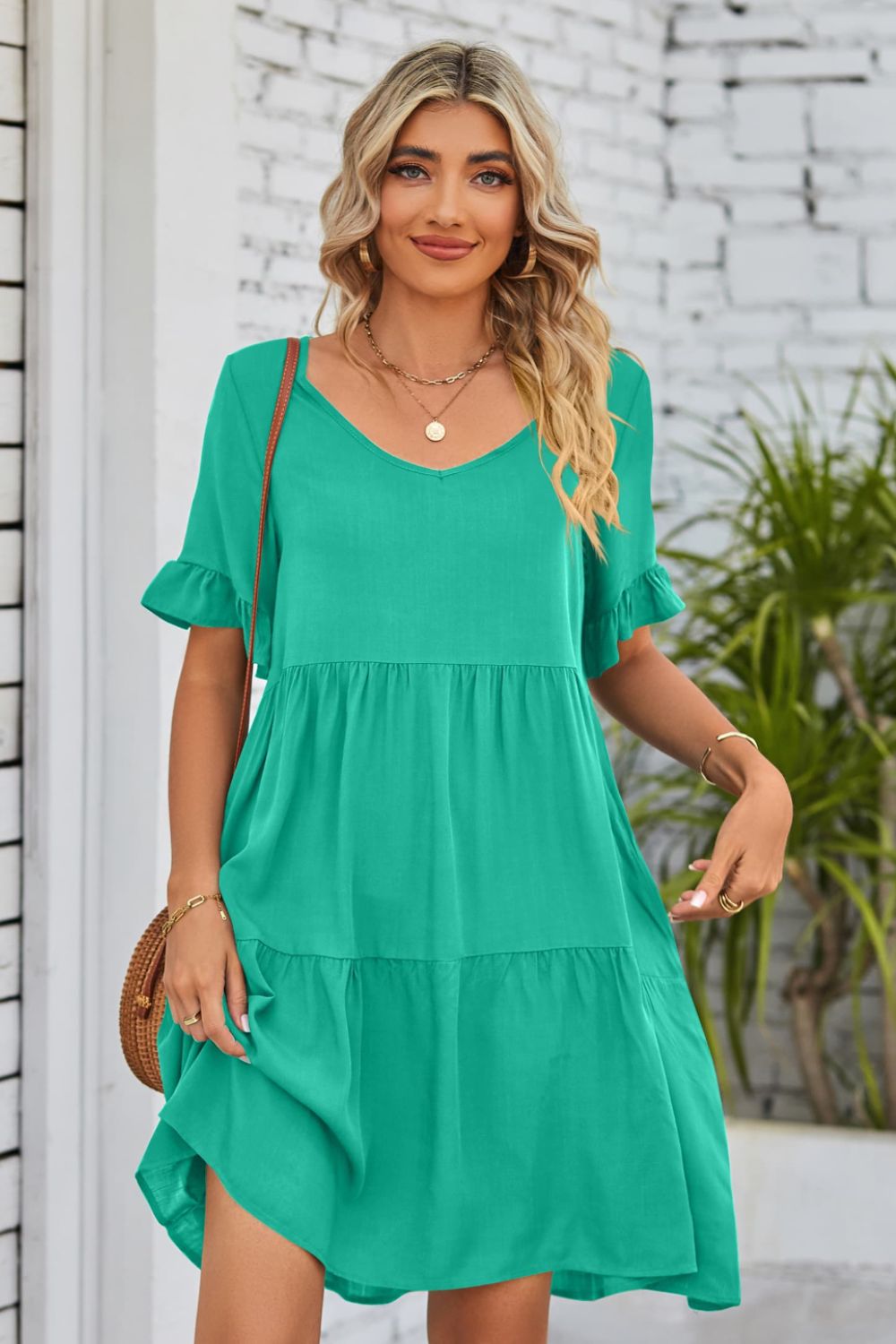 Beach Rose Co. - V - Neck Flounce Sleeve Tiered Knee - Length Dress