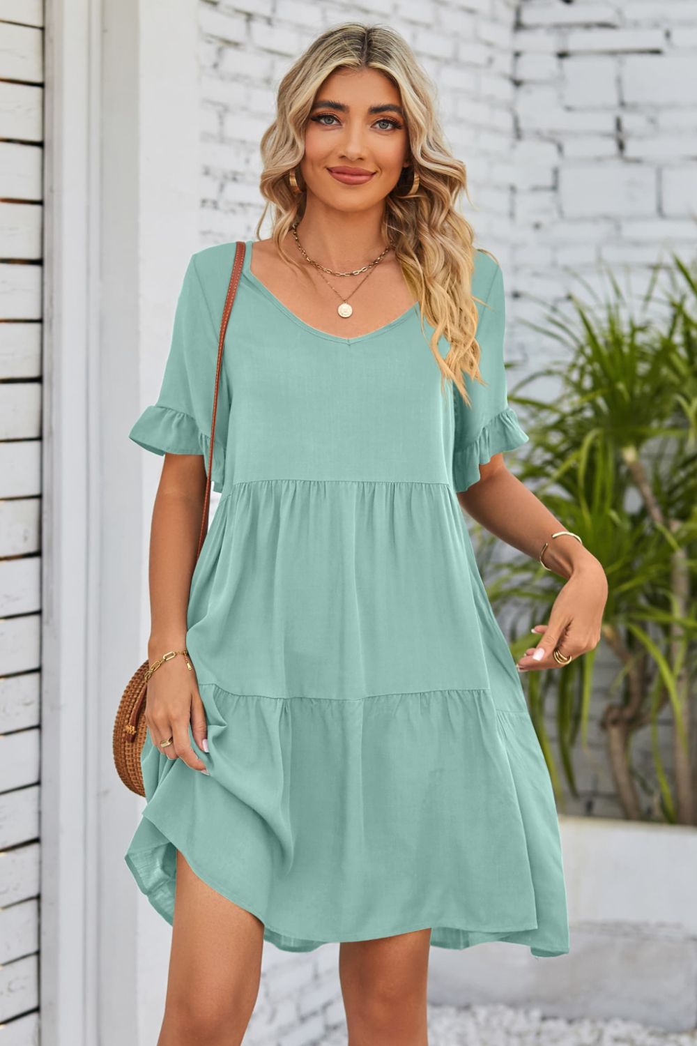 Beach Rose Co. - V - Neck Flounce Sleeve Tiered Knee - Length Dress