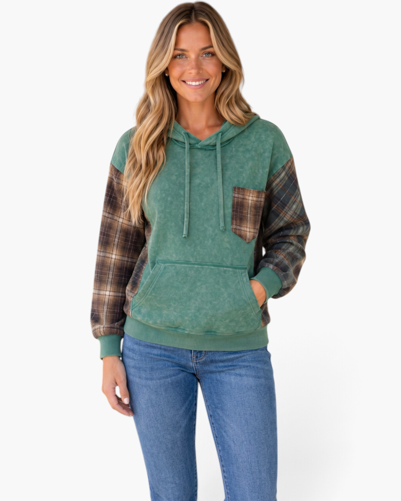 Beach Rose Co. washed green cotton hoodie with brown plaid sleeves, chest pocket, and drawstring hood on a model.