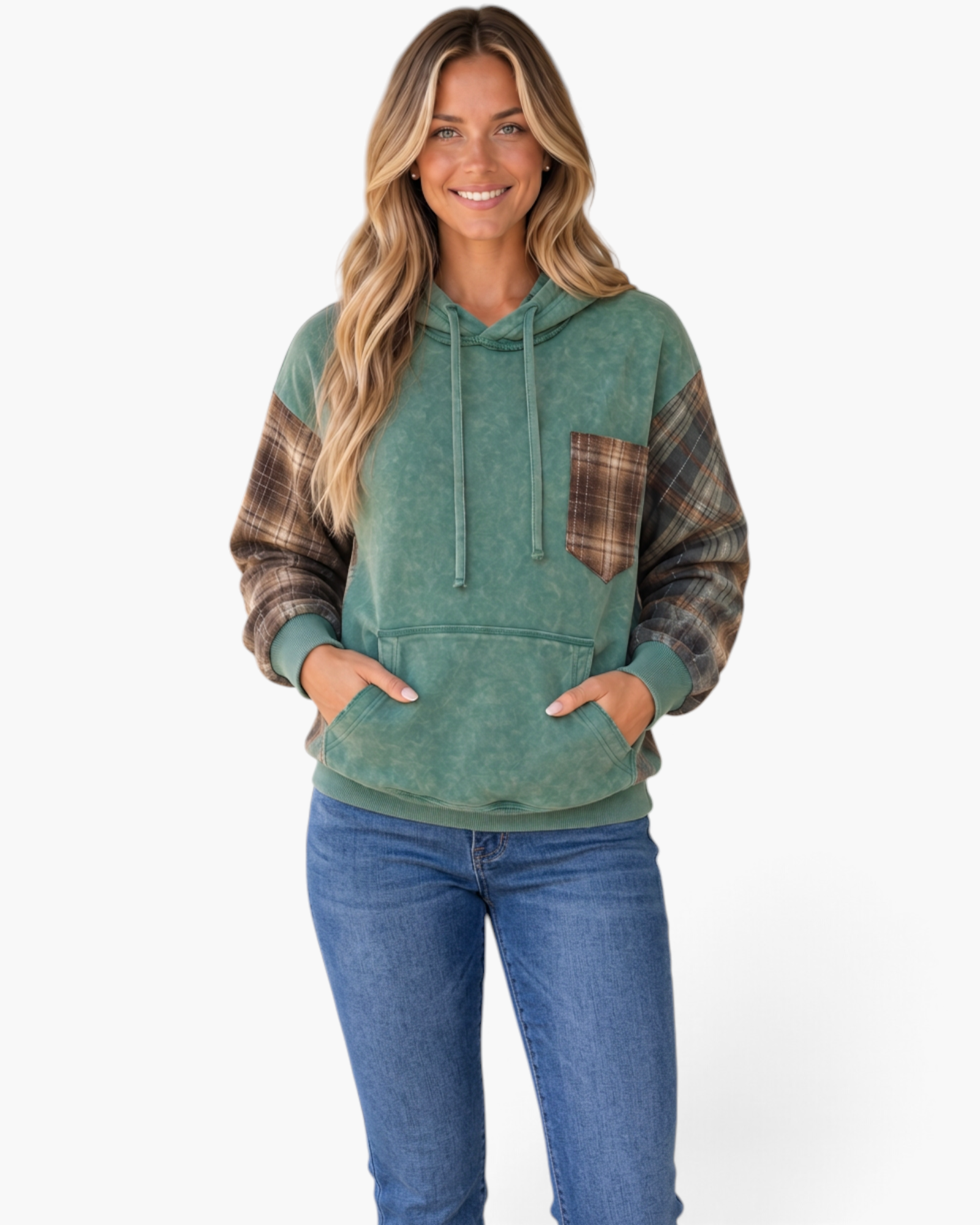 Beach Rose Co. washed green cotton hoodie with brown plaid sleeves and chest pocket worn by a smiling blonde woman.