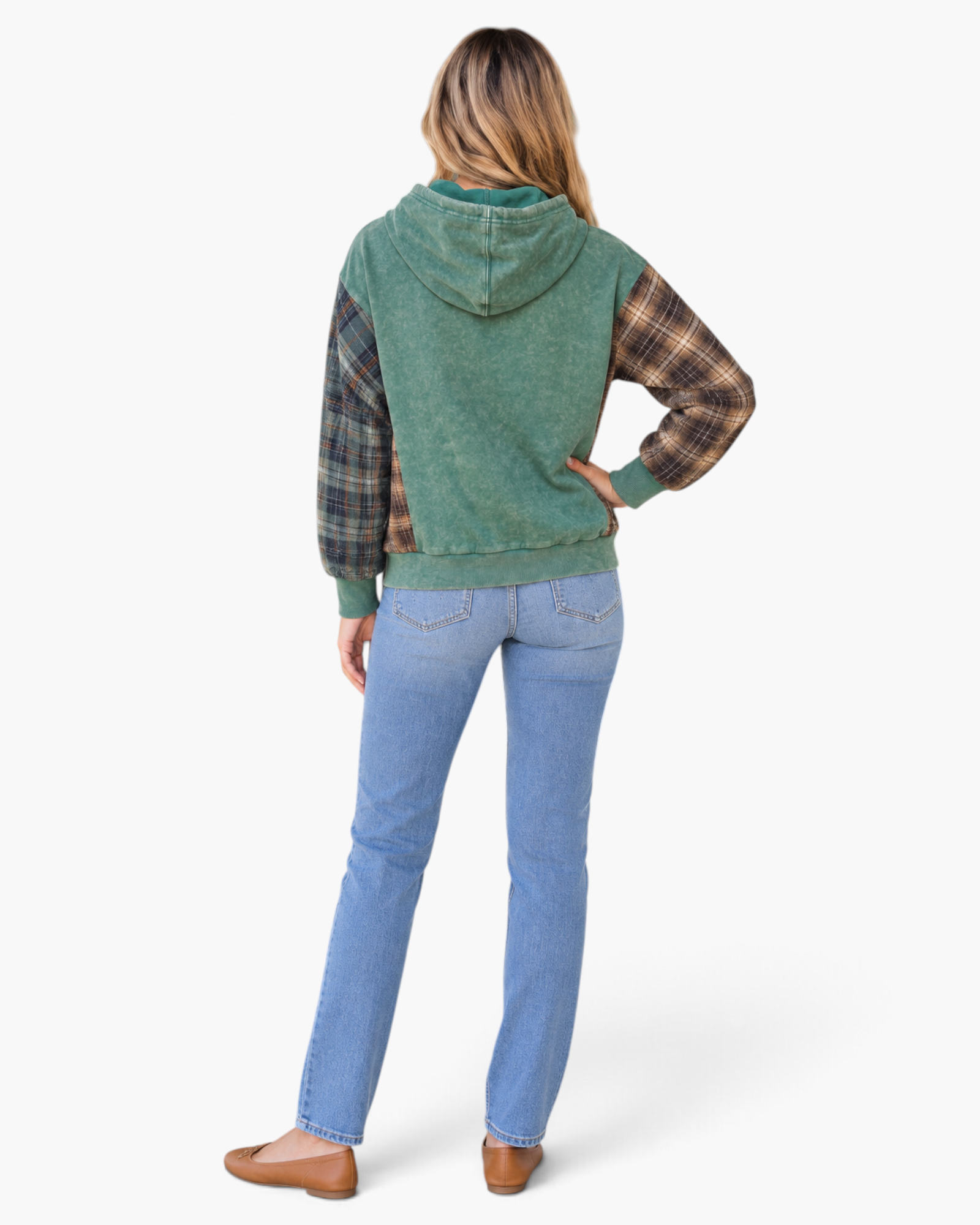 Beach Rose Co. washed green cotton hoodie with brown plaid sleeves and drawstring hood, shown from the back.
