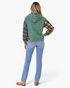 Beach Rose Co. washed green cotton hoodie with brown plaid sleeves and drawstring hood, shown from the back.