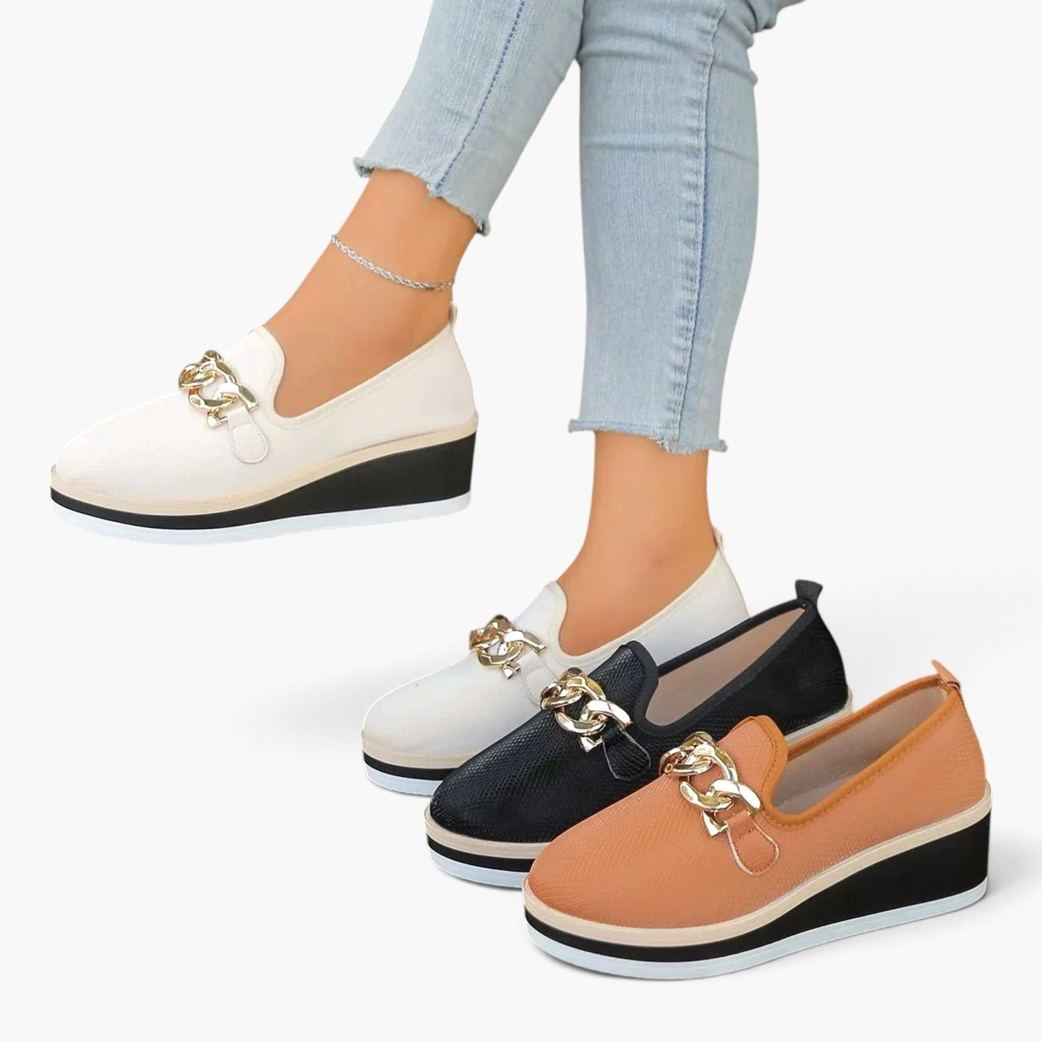 Beach Rose Co. wedge loafers in white, black, and tan textured PU leather with chunky gold-tone chain accents.