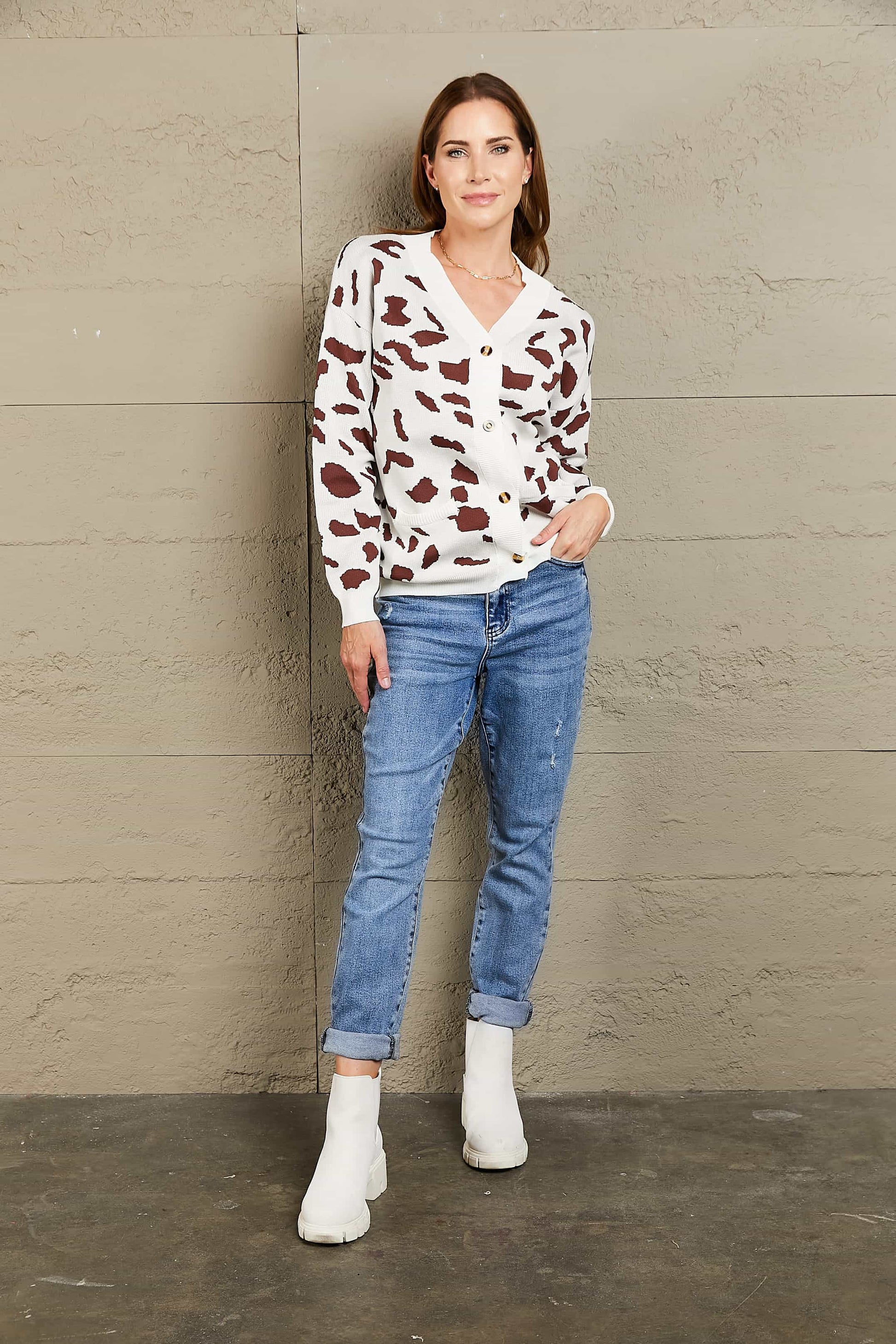 Beach Rose Co. - White Animal Print Button Front Cardigan