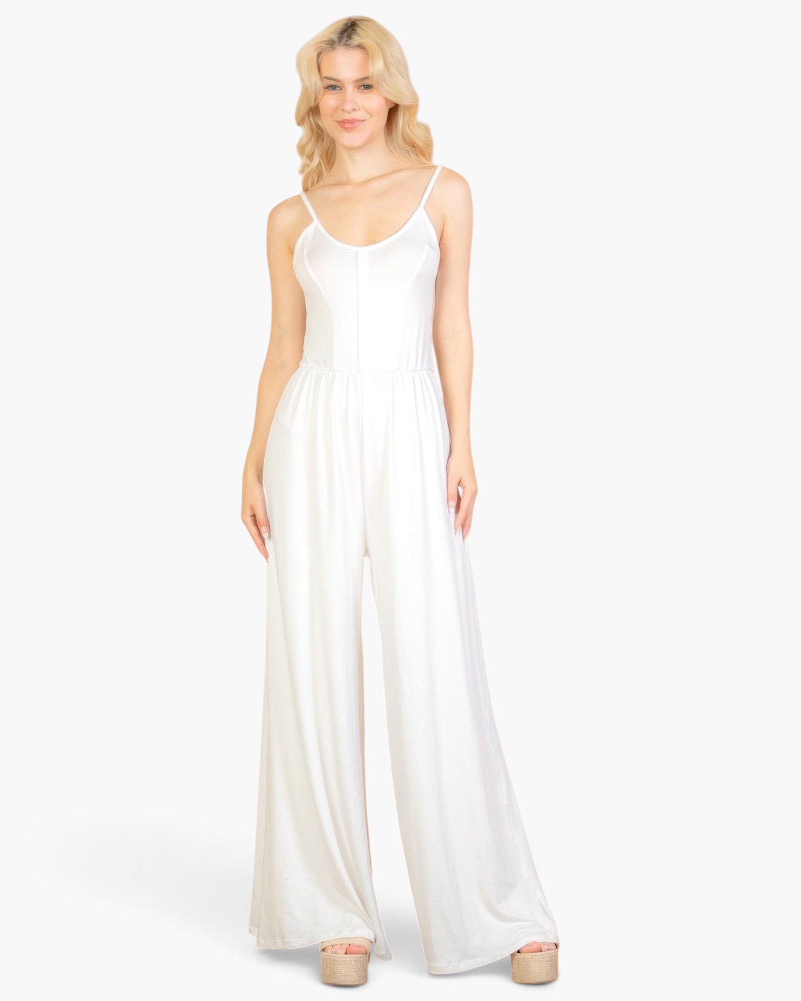 Beach Rose Co. white button-front wide-leg jumpsuit in soft stretch jersey fabric worn by a blonde model