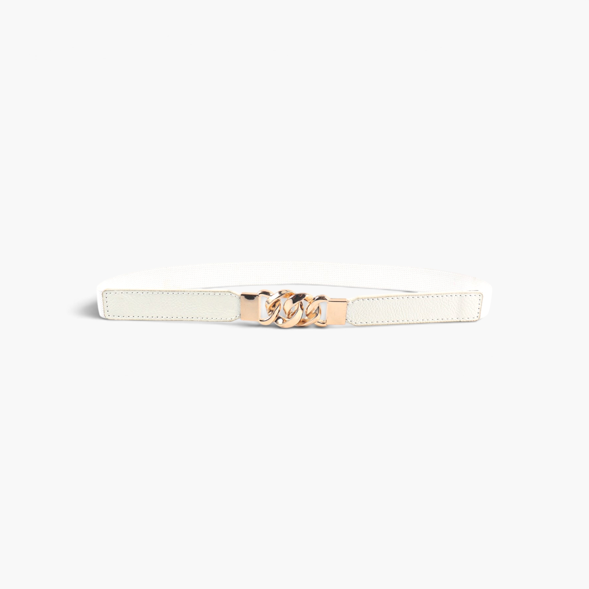 Beach Rose Co. white slim stretch waist belt with a gold-tone chunky chain-link buckle and PU leather front panels.