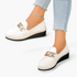 Beach Rose Co. white textured PU leather wedge loafers featuring a chunky gold chain detail and a black wedge sole.