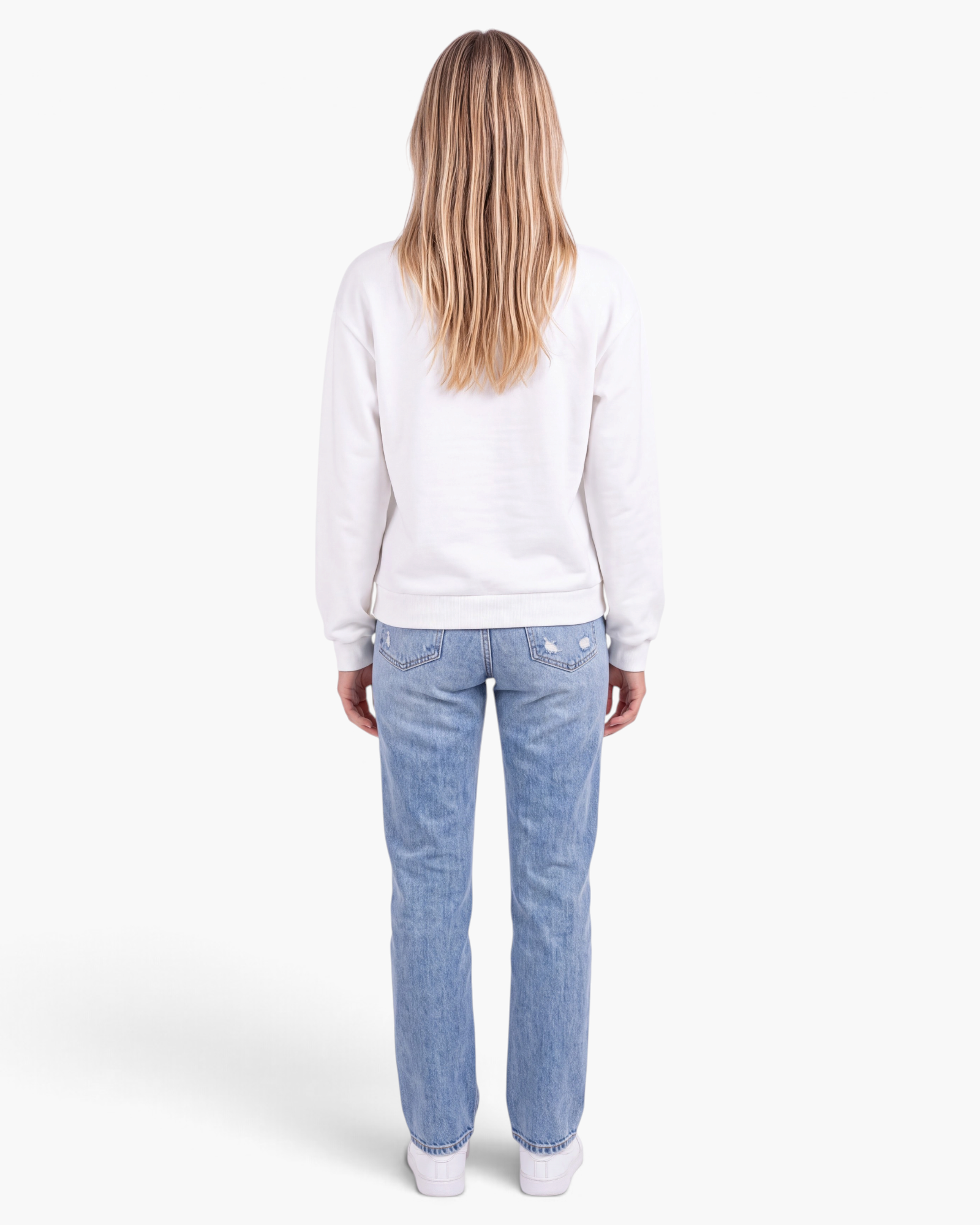 Back view of a Beach Rose Co. white crewneck sweatshirt in a cotton-polyester blend worn with blue jeans.